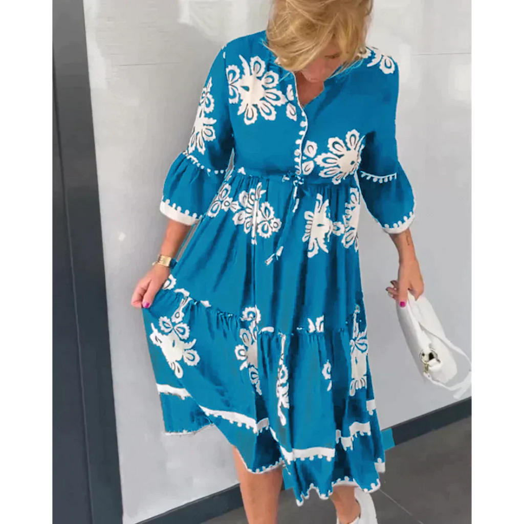 Women’s Floral Midi Dress | V-Neck and 3/4 Sleeves