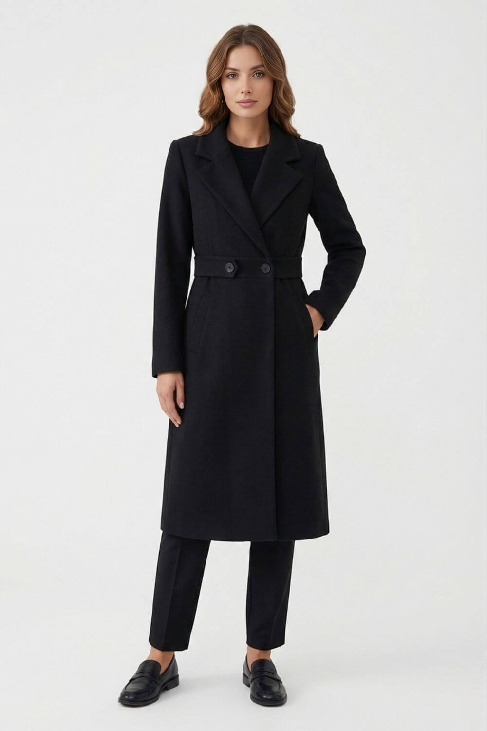 Women’s Long Coat | Double-Breasted Belted