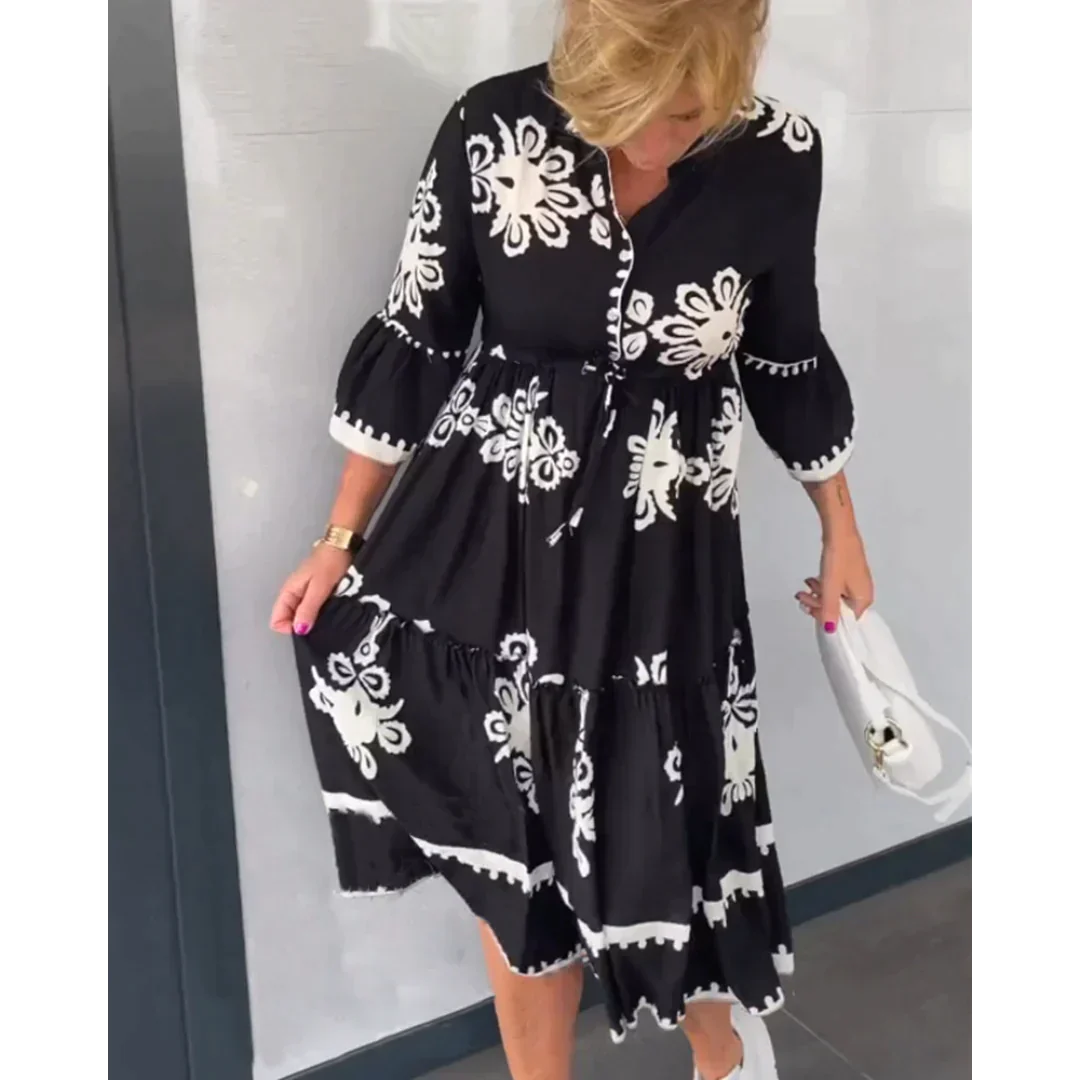 Women’s Floral Midi Dress | V-Neck and 3/4 Sleeves