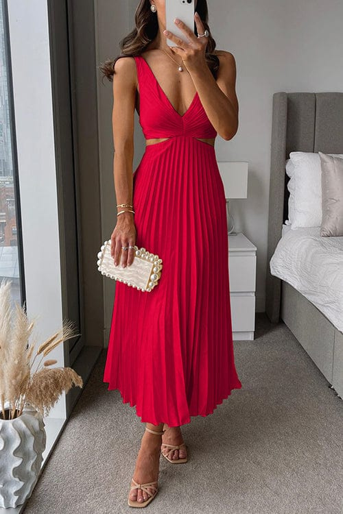 Women's Pleated Dress | V-Neck Midi