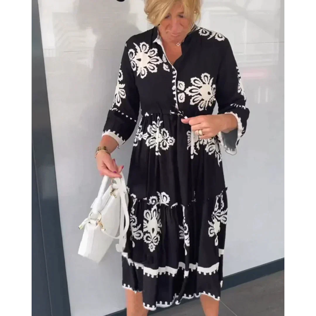 Women’s Floral Midi Dress | V-Neck and 3/4 Sleeves