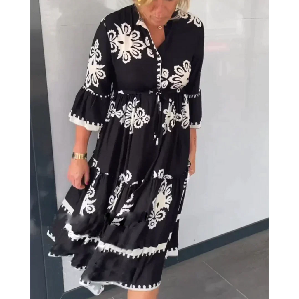 Women’s Floral Midi Dress | V-Neck and 3/4 Sleeves