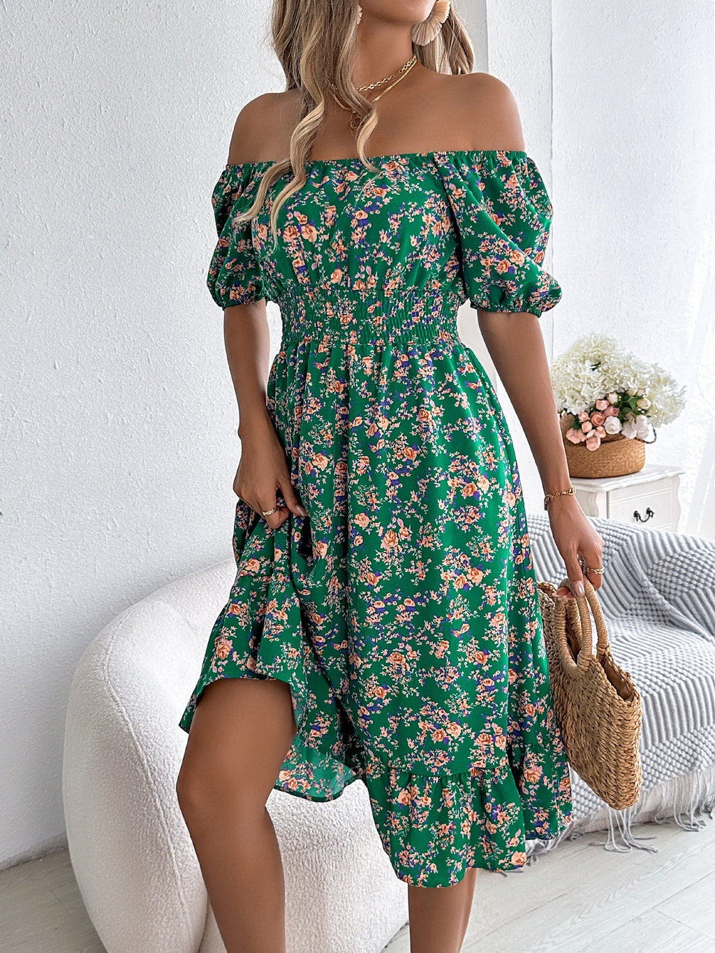 Women’s Floral Dress with Off Shoulder | Midi