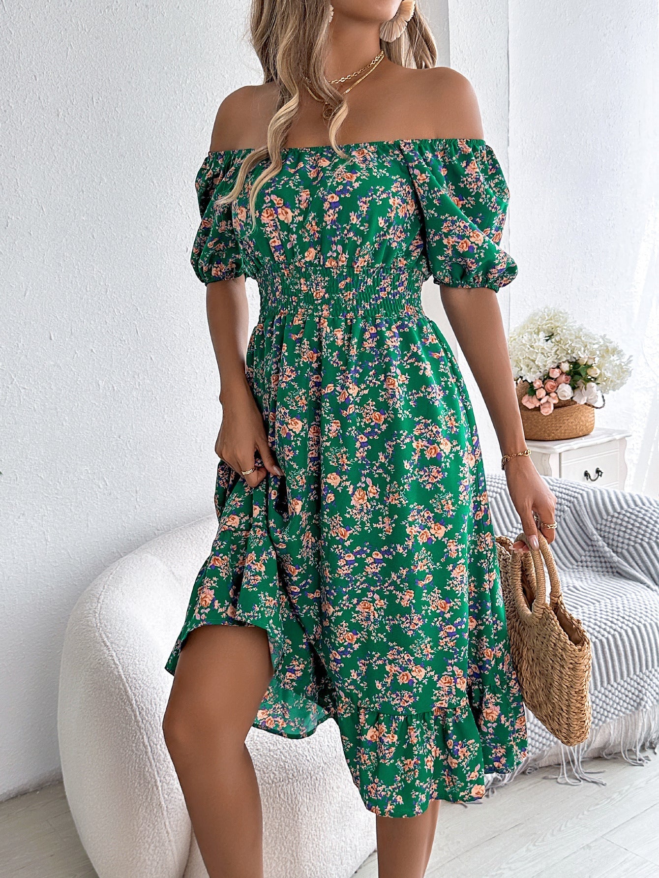 Women’s Floral Dress with Off Shoulder | Midi