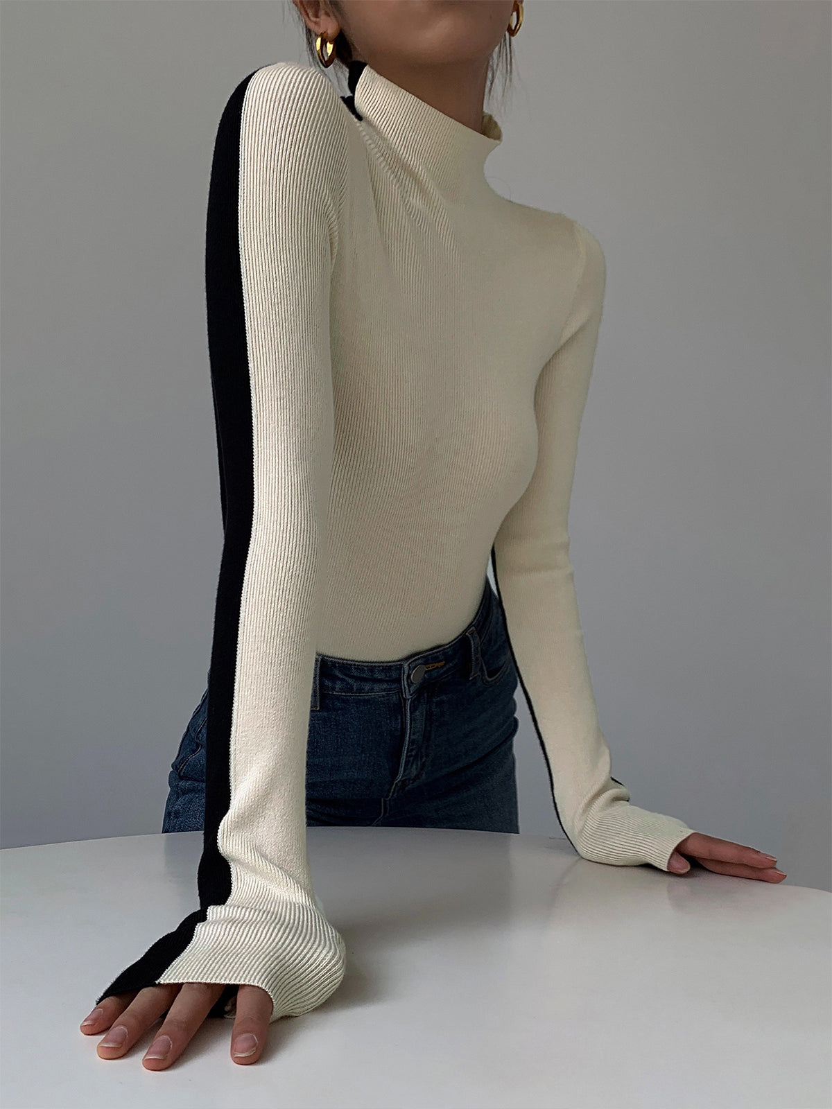 Women’s Long Sleeve Knit Top in Two Tone Slim Fit | Classic Women Blouse