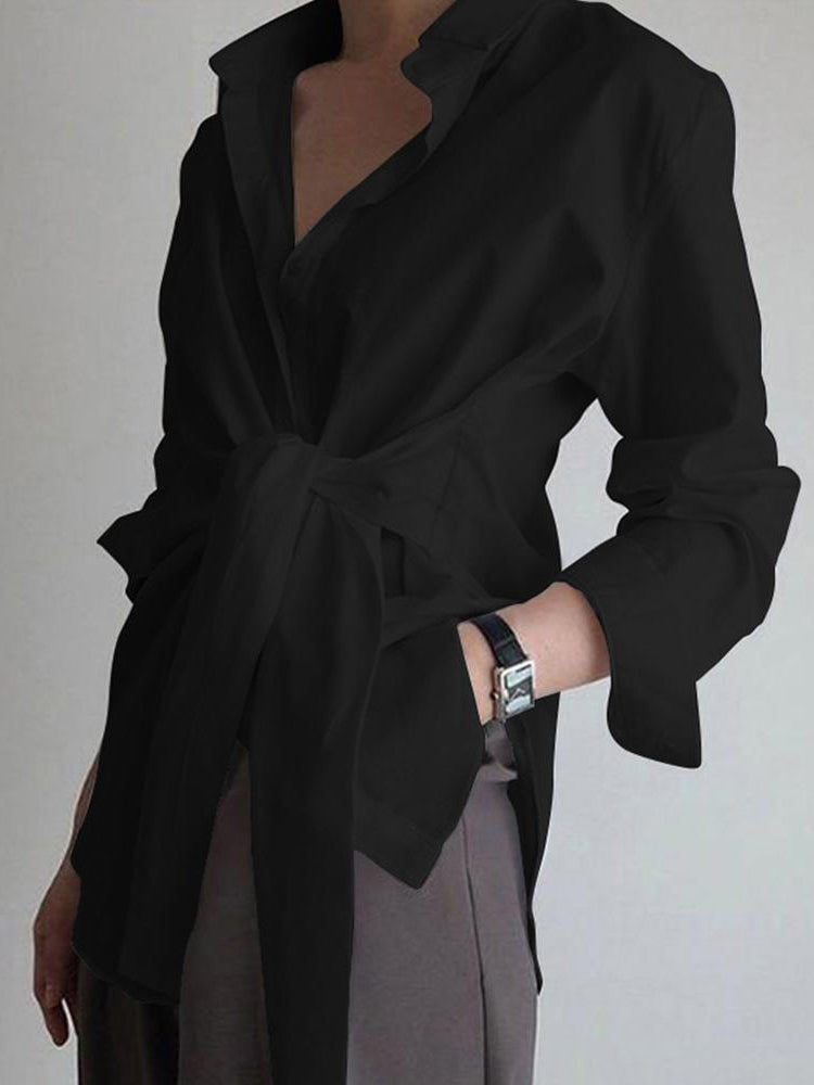 Women’s Button Down Long Shirt in Tie Waist Style | Women Long Sleeve Shirt