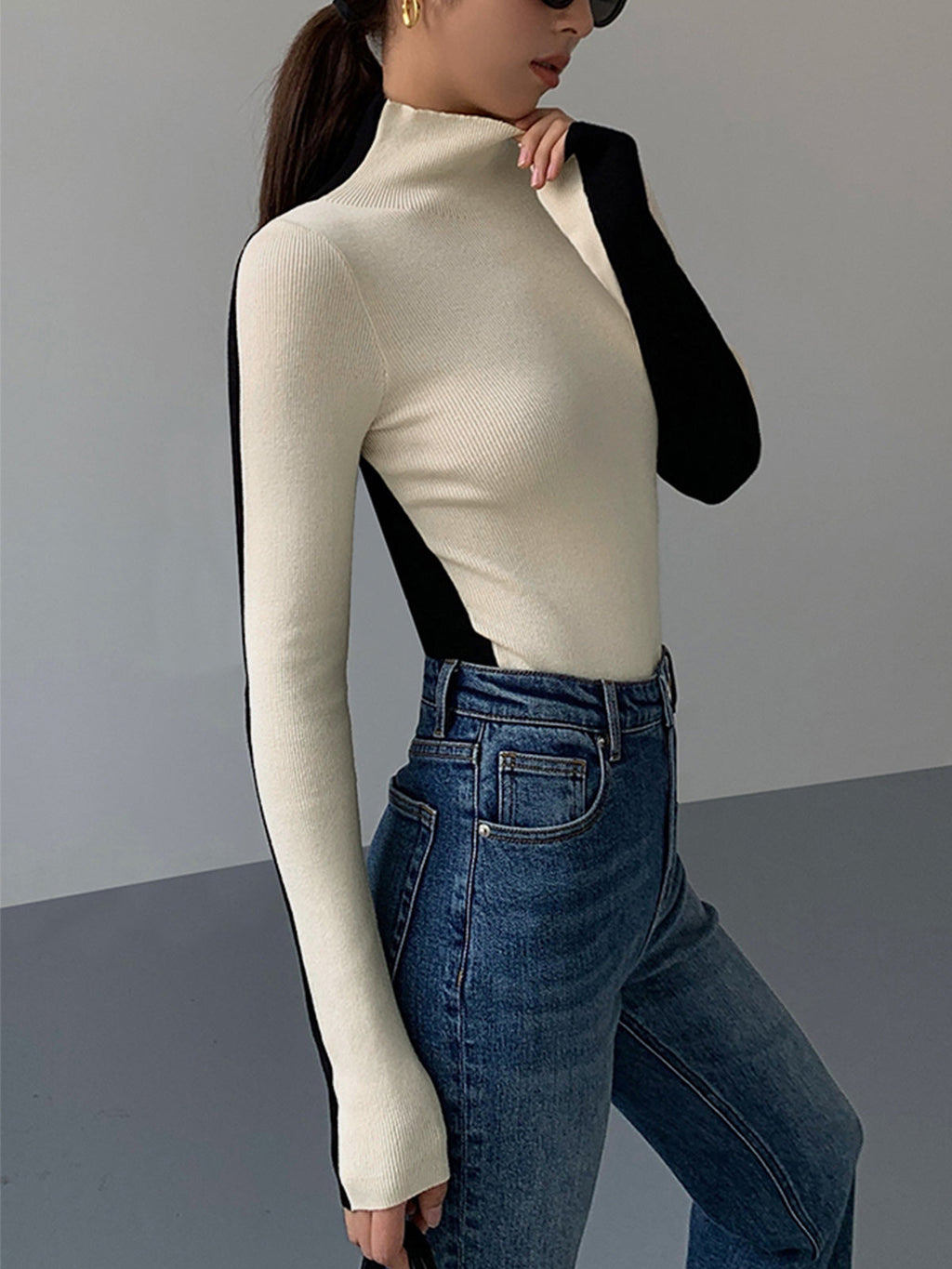 Women’s Long Sleeve Knit Top in Two Tone Slim Fit | Classic Women Blouse