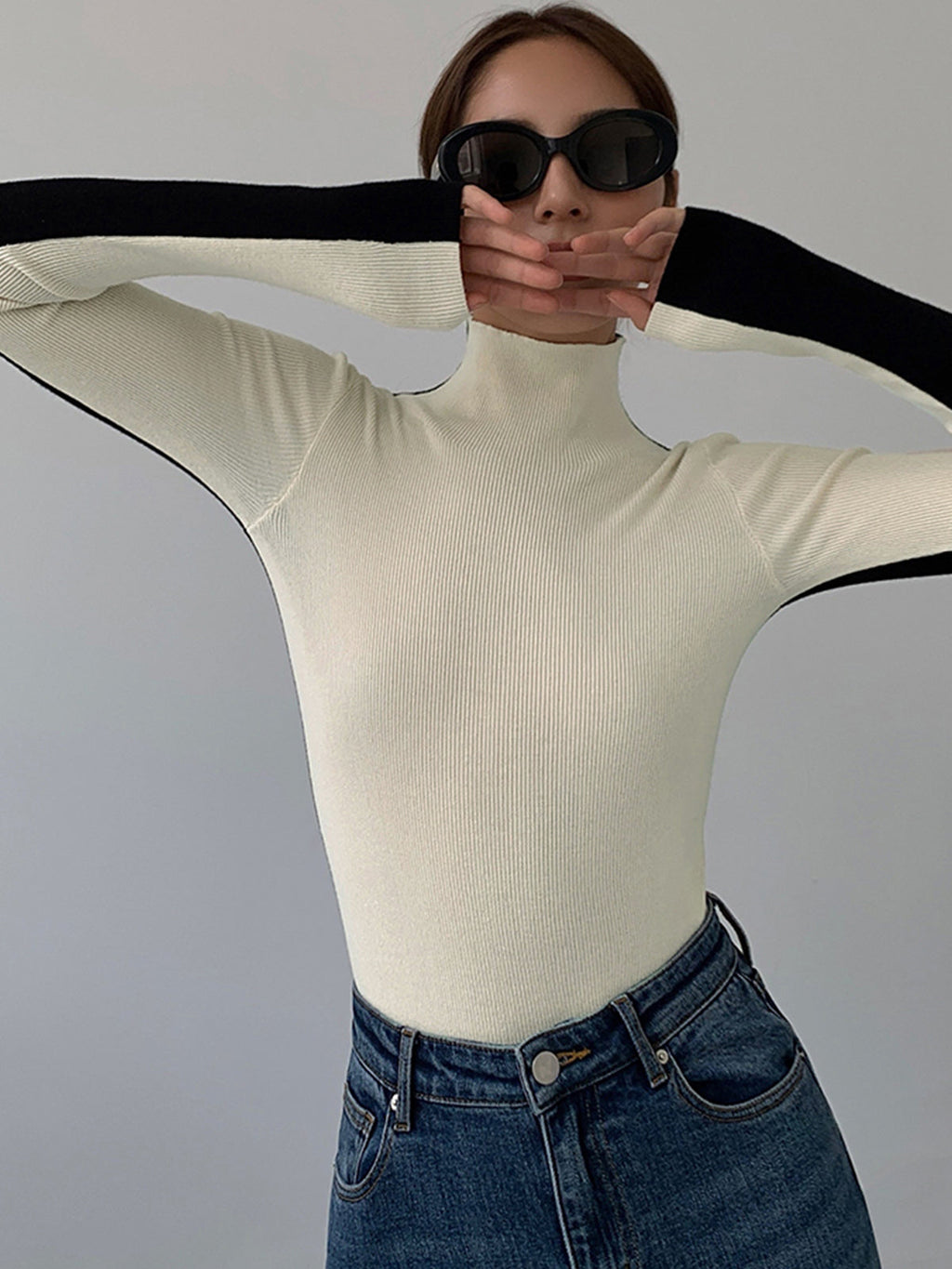 Women’s Long Sleeve Knit Top in Two Tone Slim Fit | Classic Women Blouse