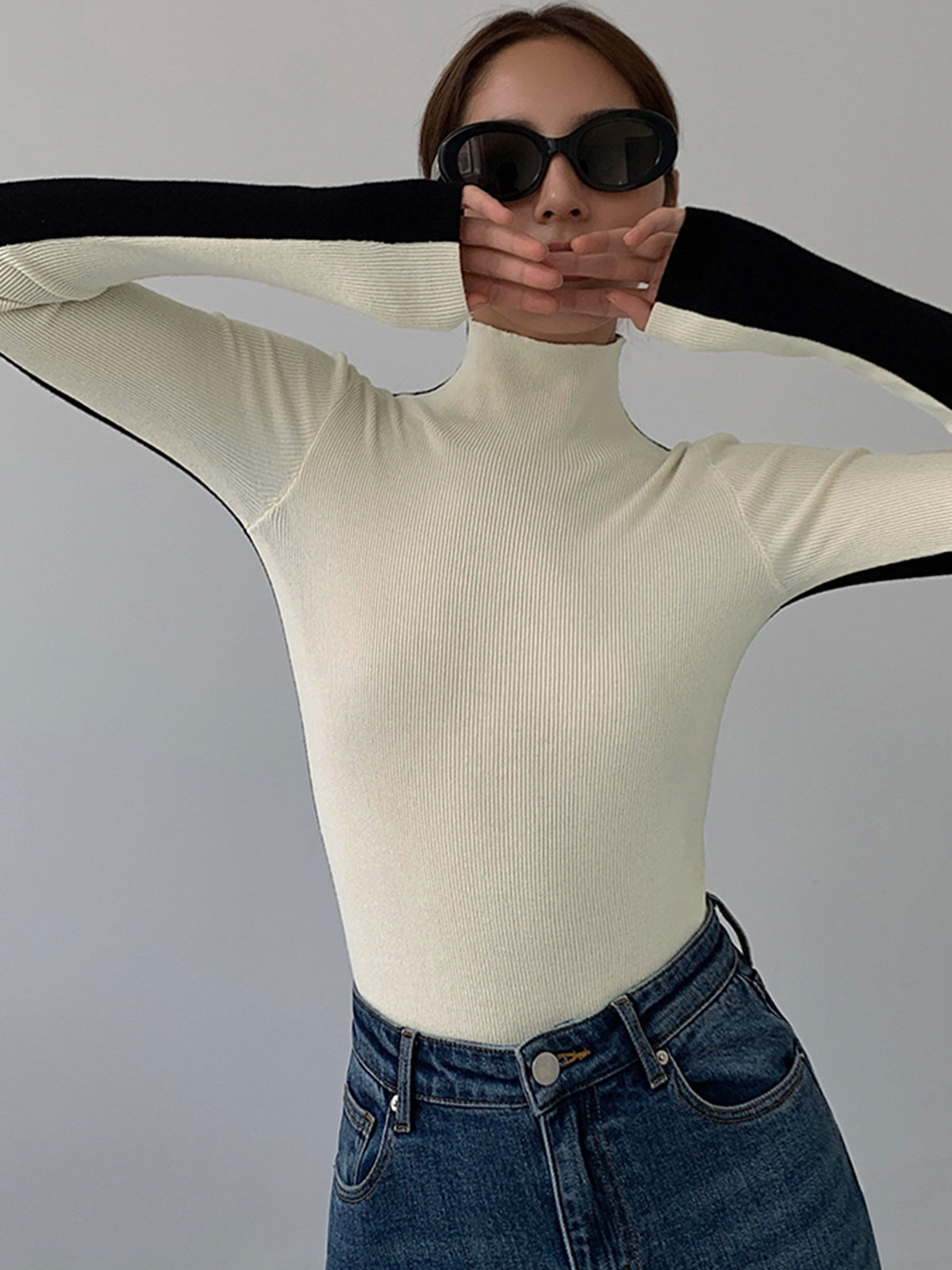 Women’s Long Sleeve Knit Top in Two Tone Slim Fit | Classic Women Blouse