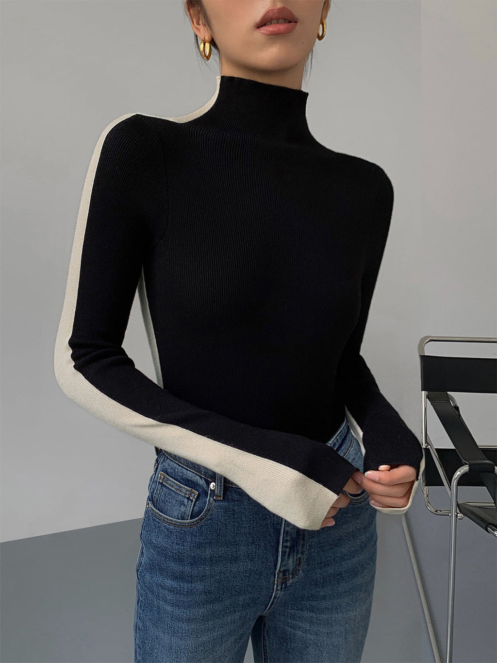 Women’s Long Sleeve Knit Top in Two Tone Slim Fit | Classic Women Blouse
