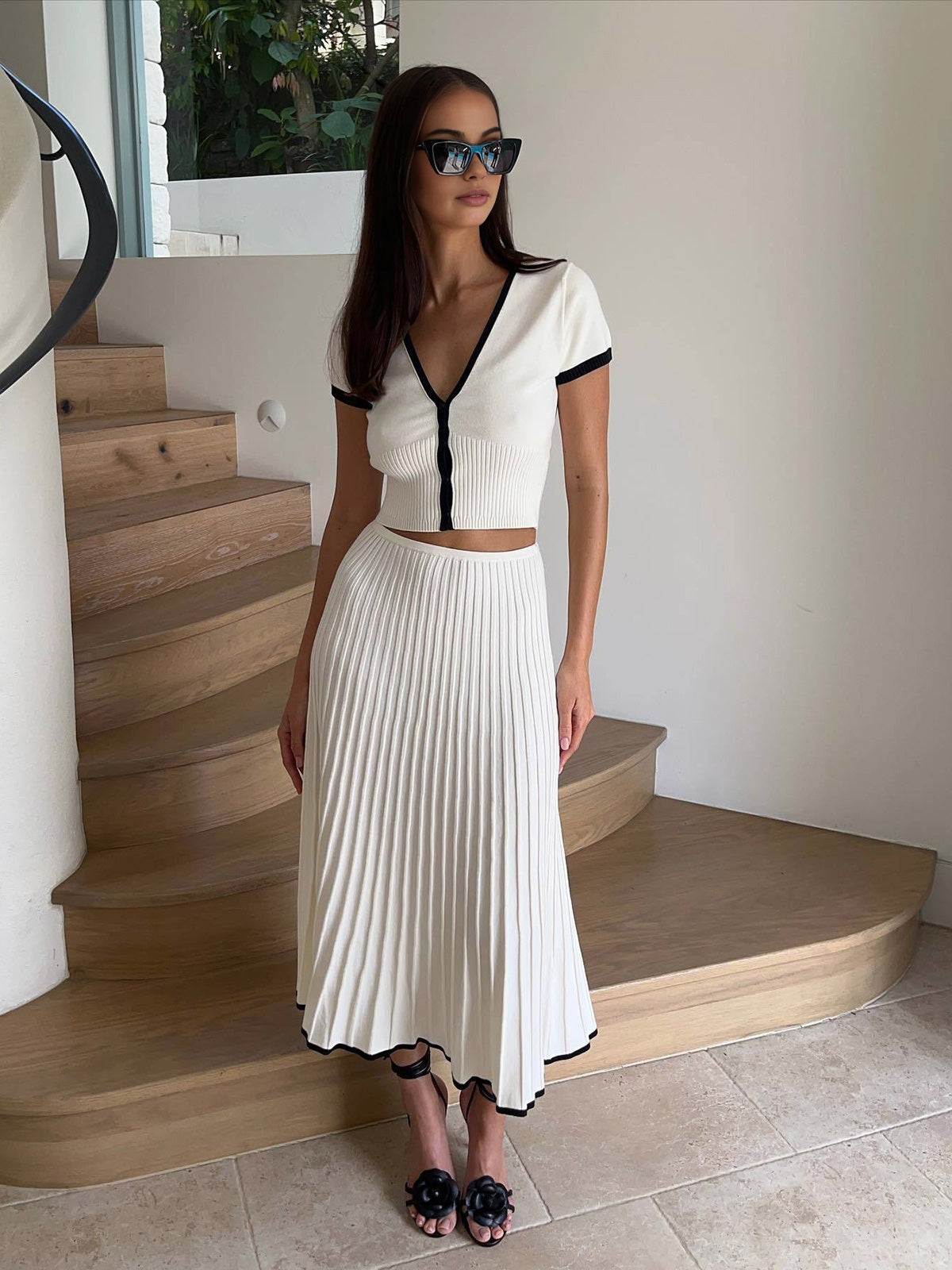 Pleated Midi Skirt and Knit Top Set | Elegant Two Piece Outfit