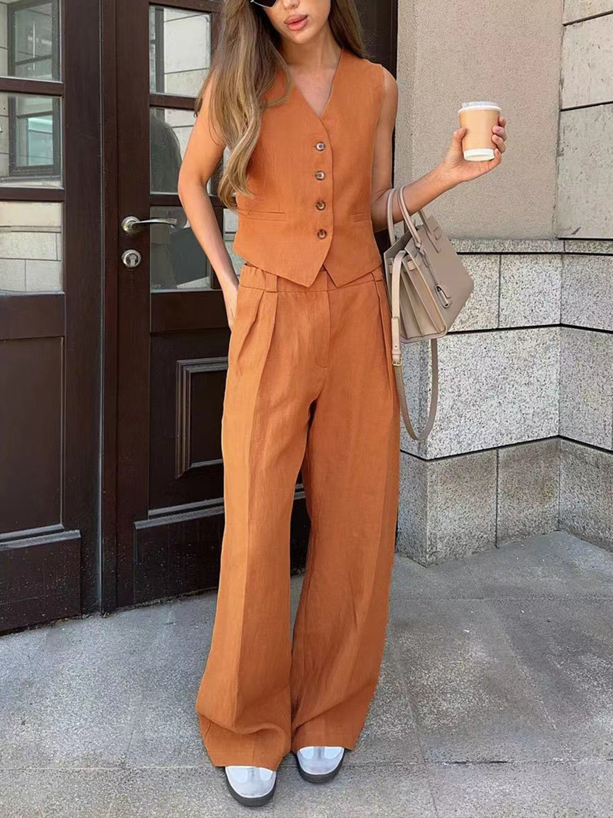 Women’s Sleeveless Waistcoat and Wide Leg Trousers Set | Elegant Trouser Set