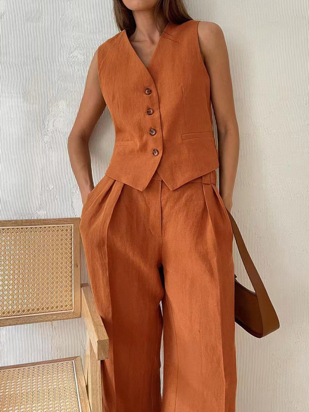 Women’s Sleeveless Waistcoat and Wide Leg Trousers Set | Elegant Trouser Set