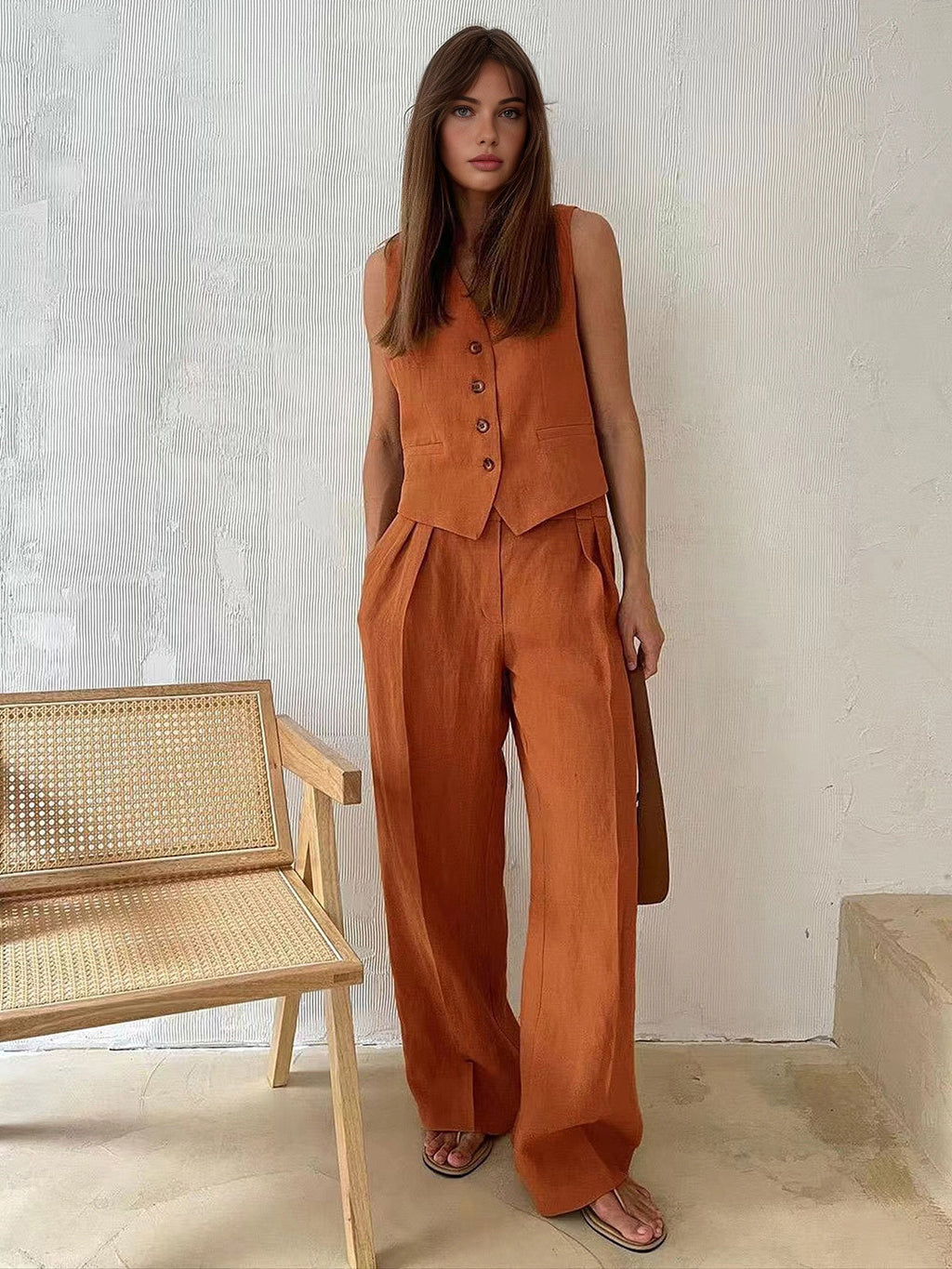 Women’s Sleeveless Waistcoat and Wide Leg Trousers Set | Elegant Trouser Set