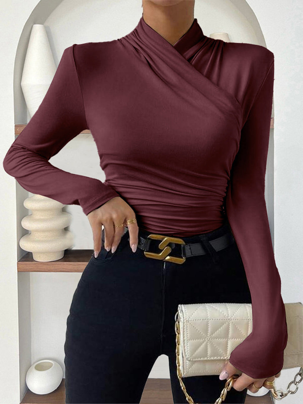 Women’s Cross Over Long Sleeve Top in Slim Fit Elegant Style | Women Blouse