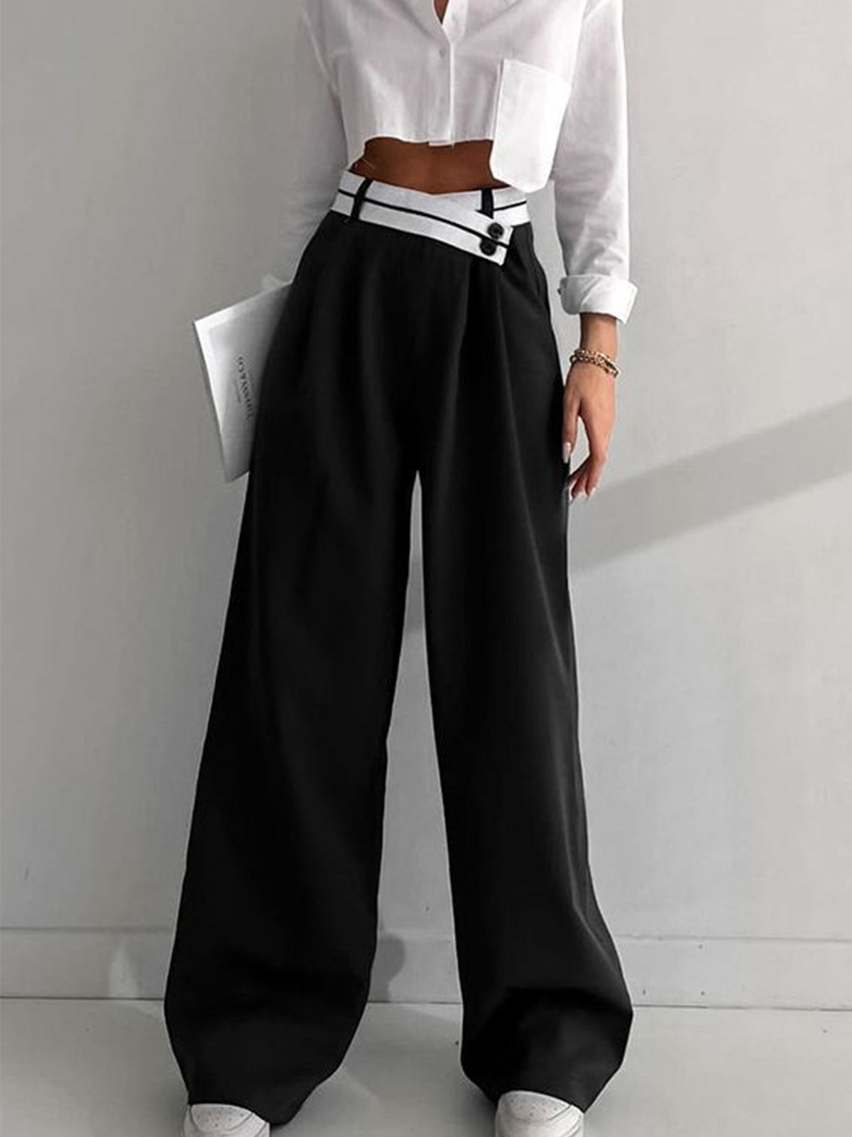 Women’s Wide Leg Dress Trousers in Asymmetrical Waist Style | Wide Leg Trousers Women