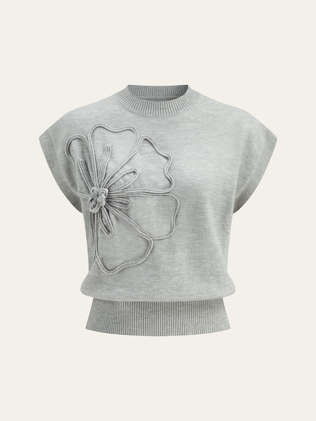 Women’s Flower Appliqué Knit Top in Cap Sleeve Style | Women Short Sleeve Top