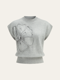 Women’s Flower Appliqué Knit Top in Cap Sleeve Style | Women Short Sleeve Top