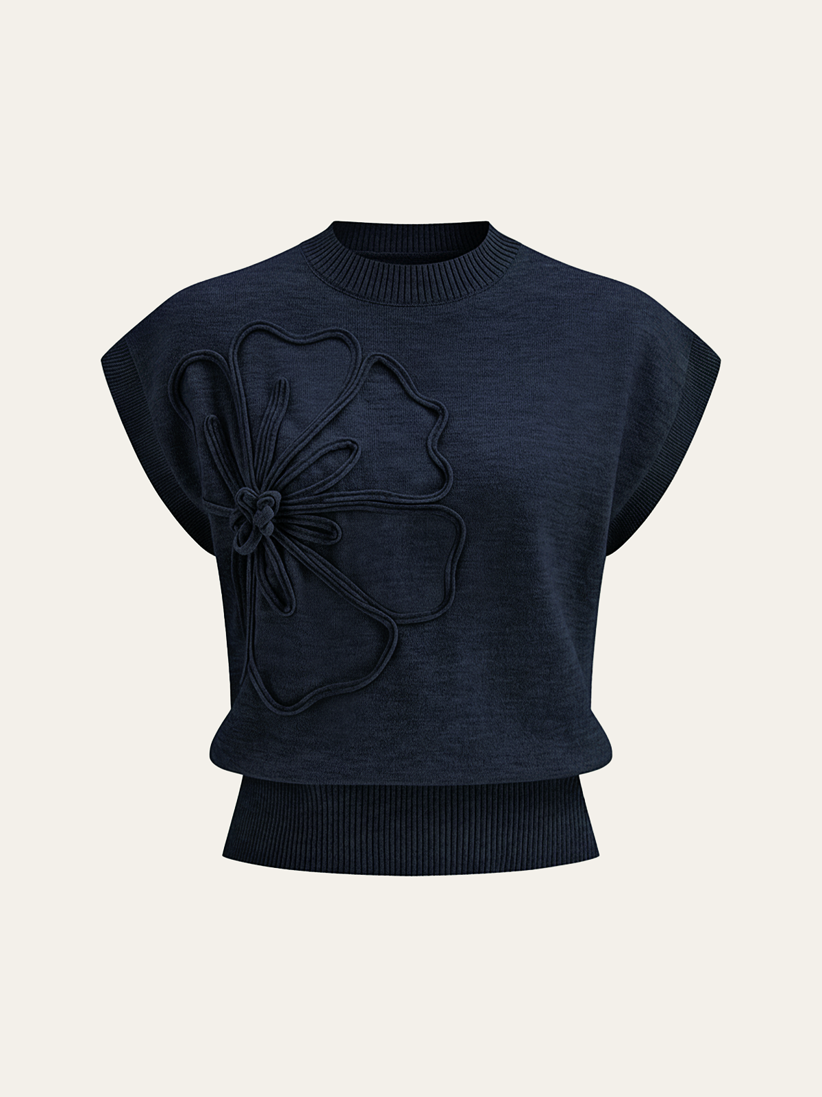 Women’s Flower Appliqué Knit Top in Cap Sleeve Style | Women Short Sleeve Top