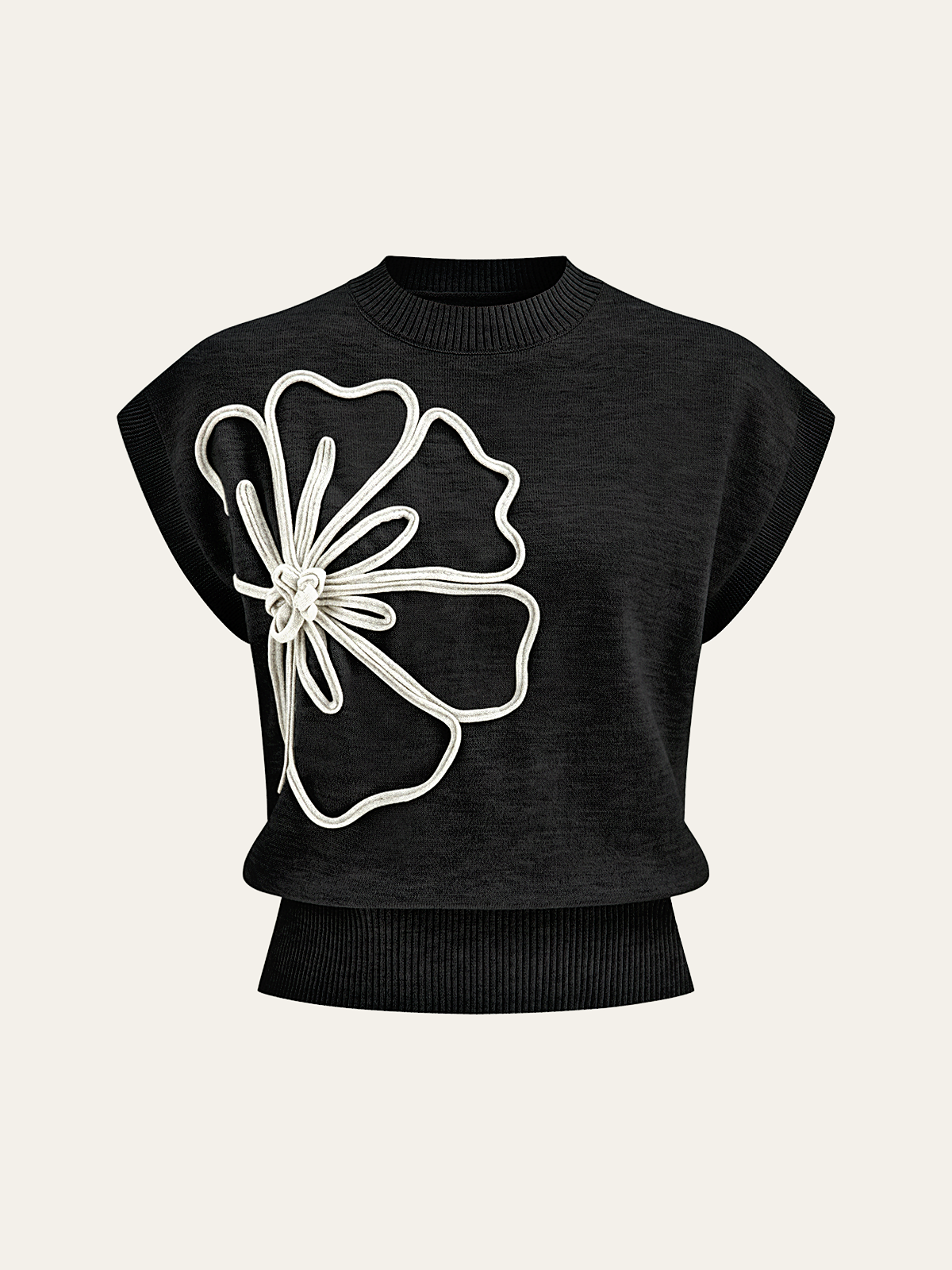 Women’s Flower Appliqué Knit Top in Cap Sleeve Style | Women Short Sleeve Top