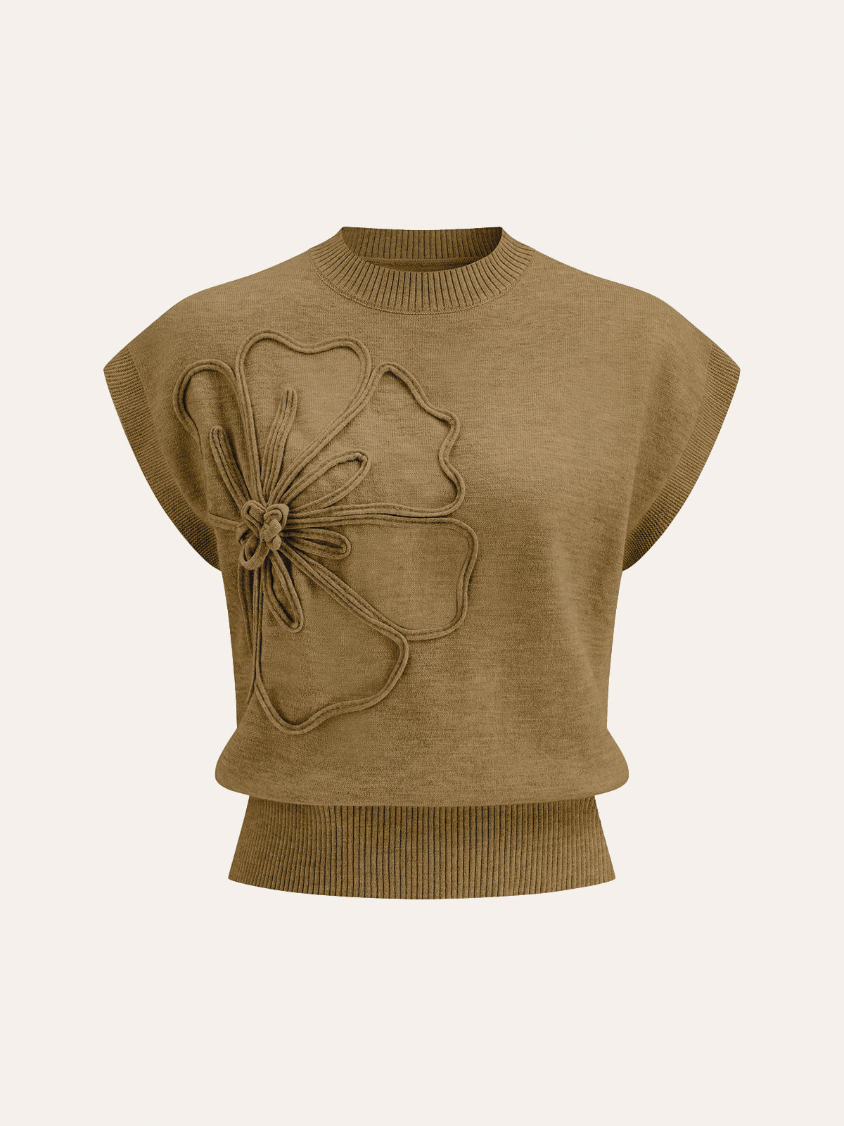 Women’s Flower Appliqué Knit Top in Cap Sleeve Style | Women Short Sleeve Top
