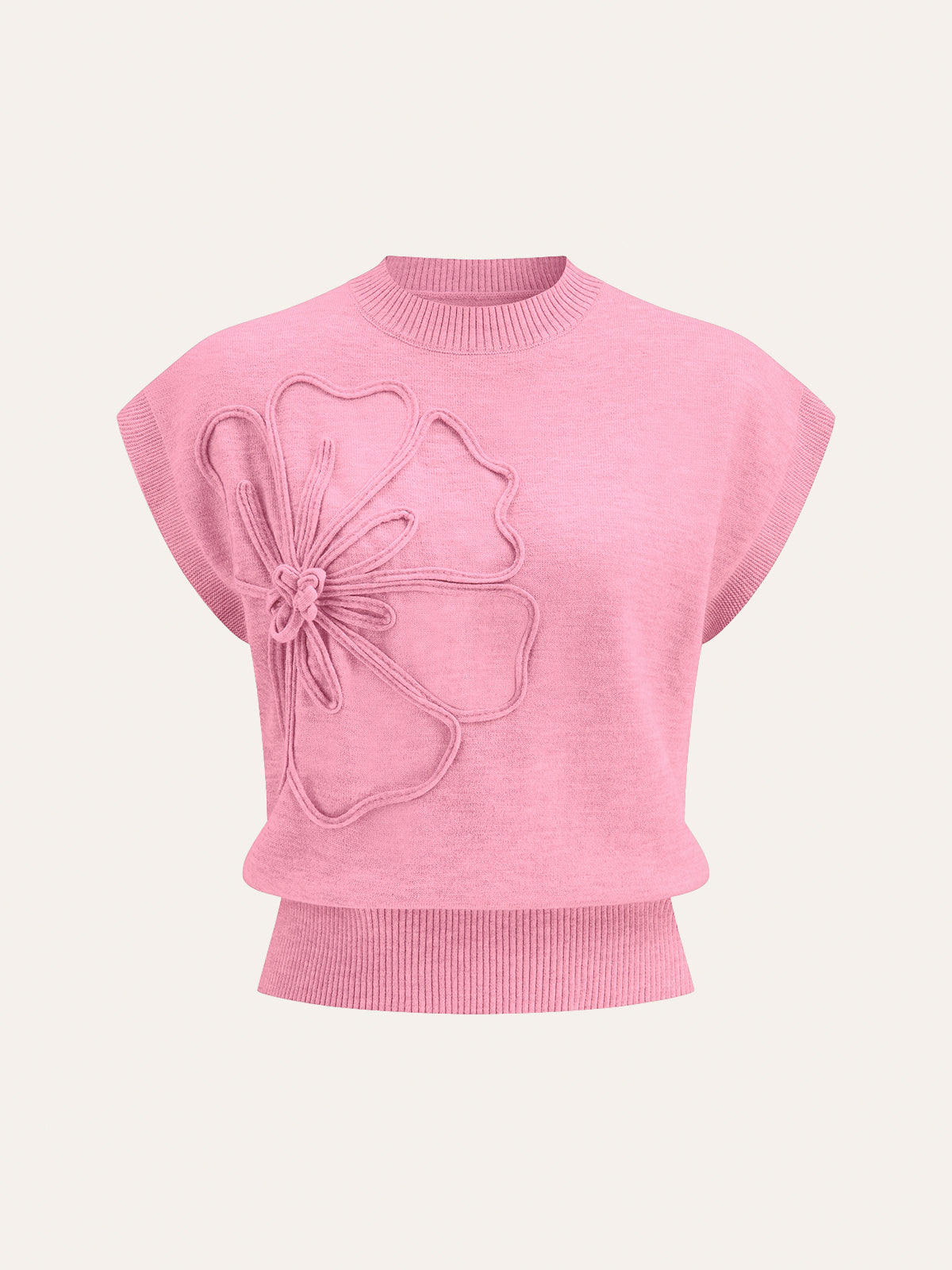 Women’s Flower Appliqué Knit Top in Cap Sleeve Style | Women Short Sleeve Top