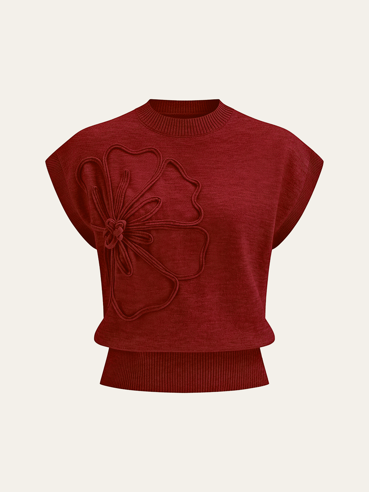 Women’s Flower Appliqué Knit Top in Cap Sleeve Style | Women Short Sleeve Top
