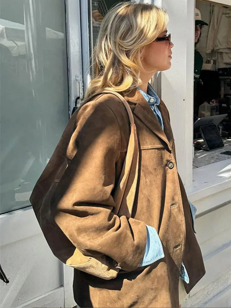 Women’s Suede Jacket with Lapel Collar and Pockets