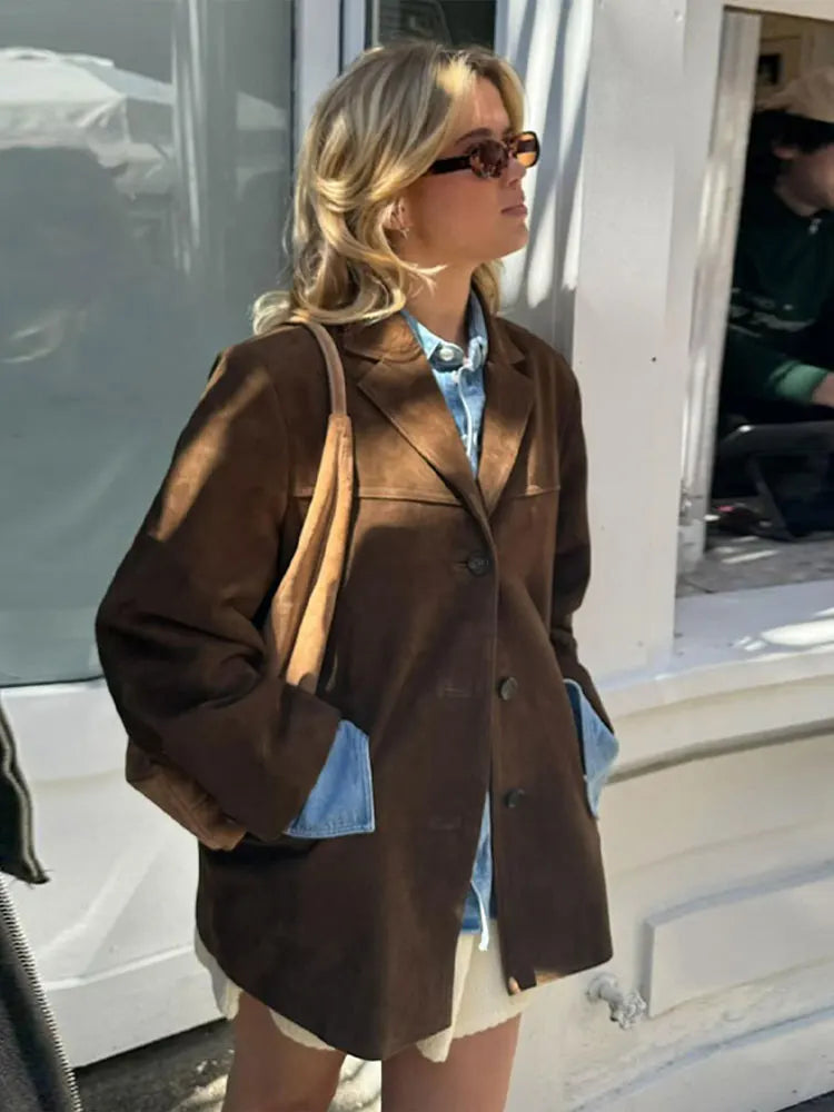 Women’s Suede Jacket with Lapel Collar and Pockets