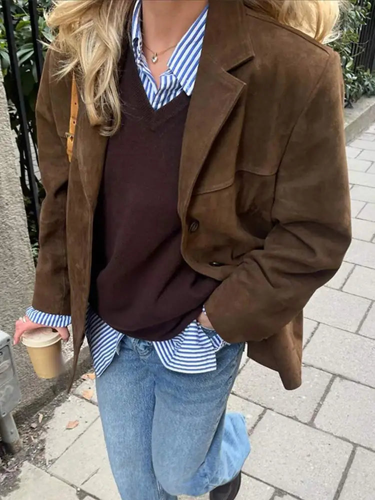 Women’s Suede Jacket with Lapel Collar and Pockets