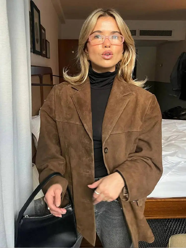 Women’s Suede Jacket with Lapel Collar and Pockets