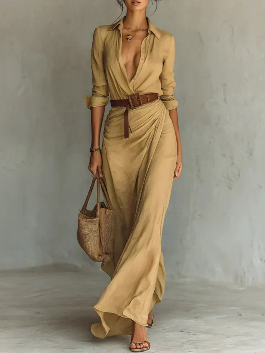 Women’s Summer Shirt Dress with Belted Waist and Long Sleeve | Maxi