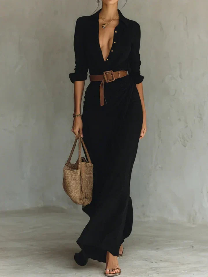 Women’s Summer Shirt Dress with Belted Waist and Long Sleeve | Maxi