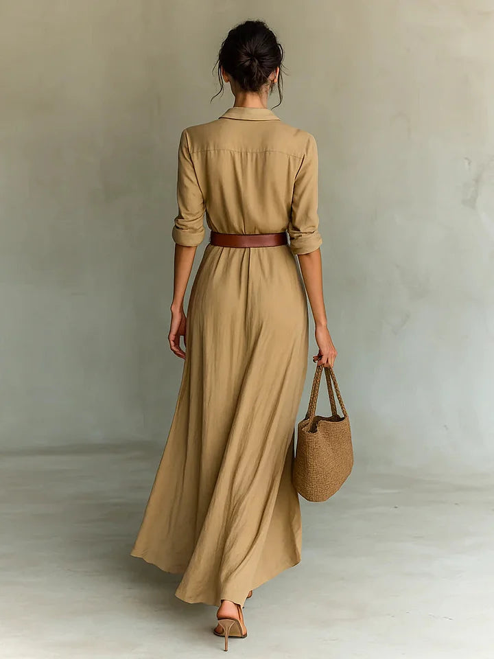Women’s Summer Shirt Dress with Belted Waist and Long Sleeve | Maxi