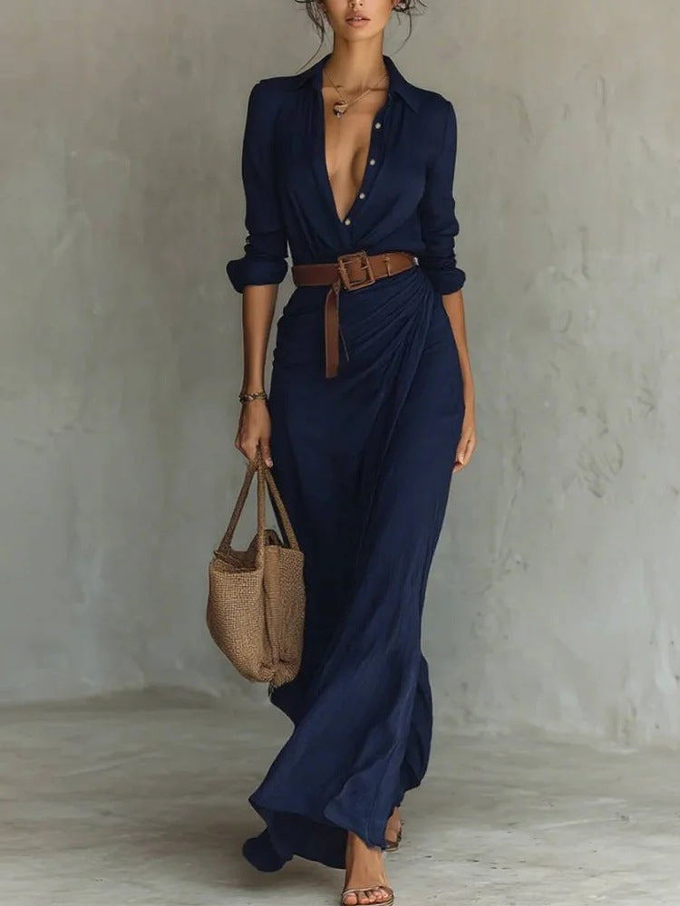 Women’s Summer Shirt Dress with Belted Waist and Long Sleeve | Maxi