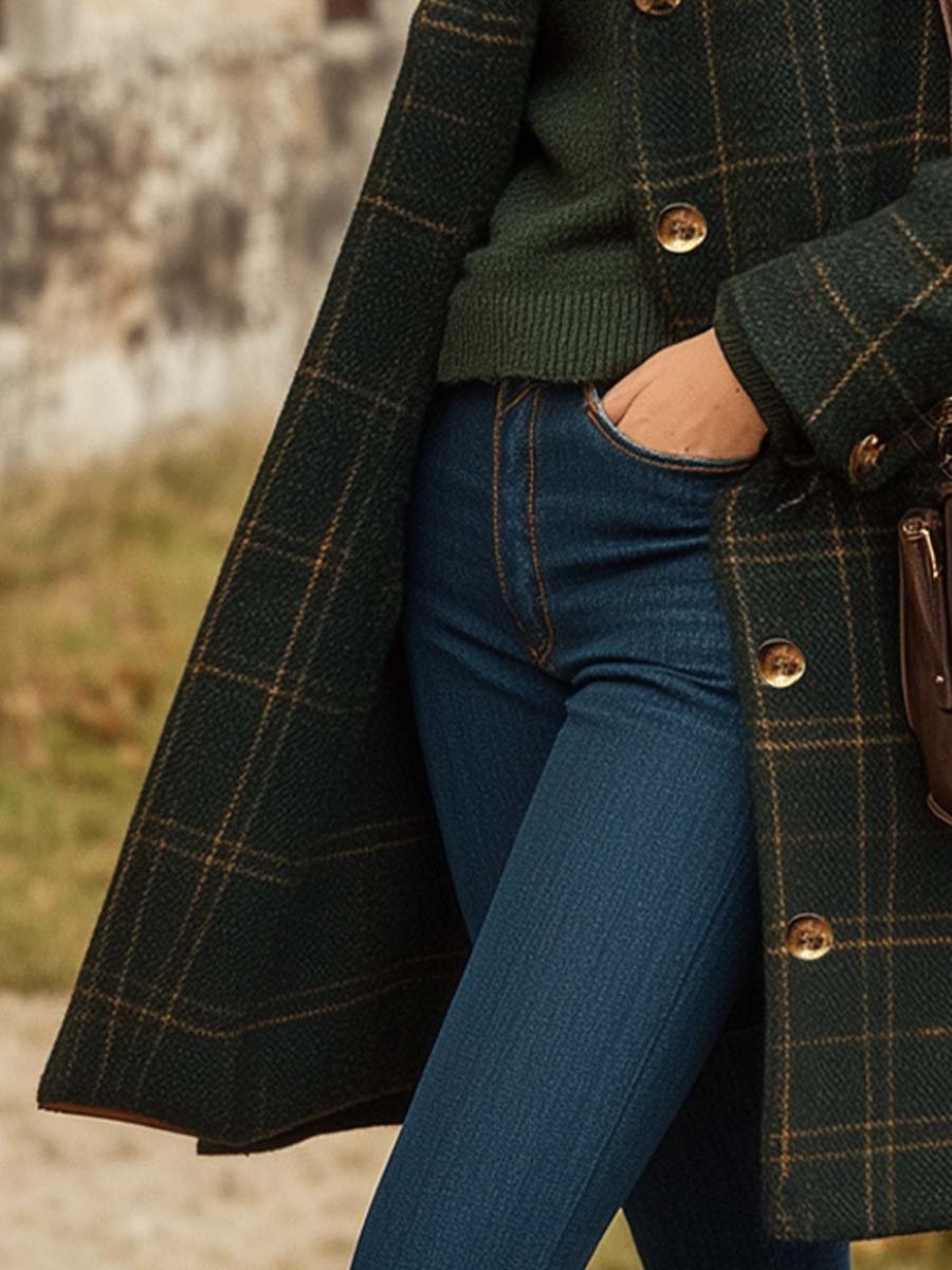 Women's Long Coat | Buttoned and Checked