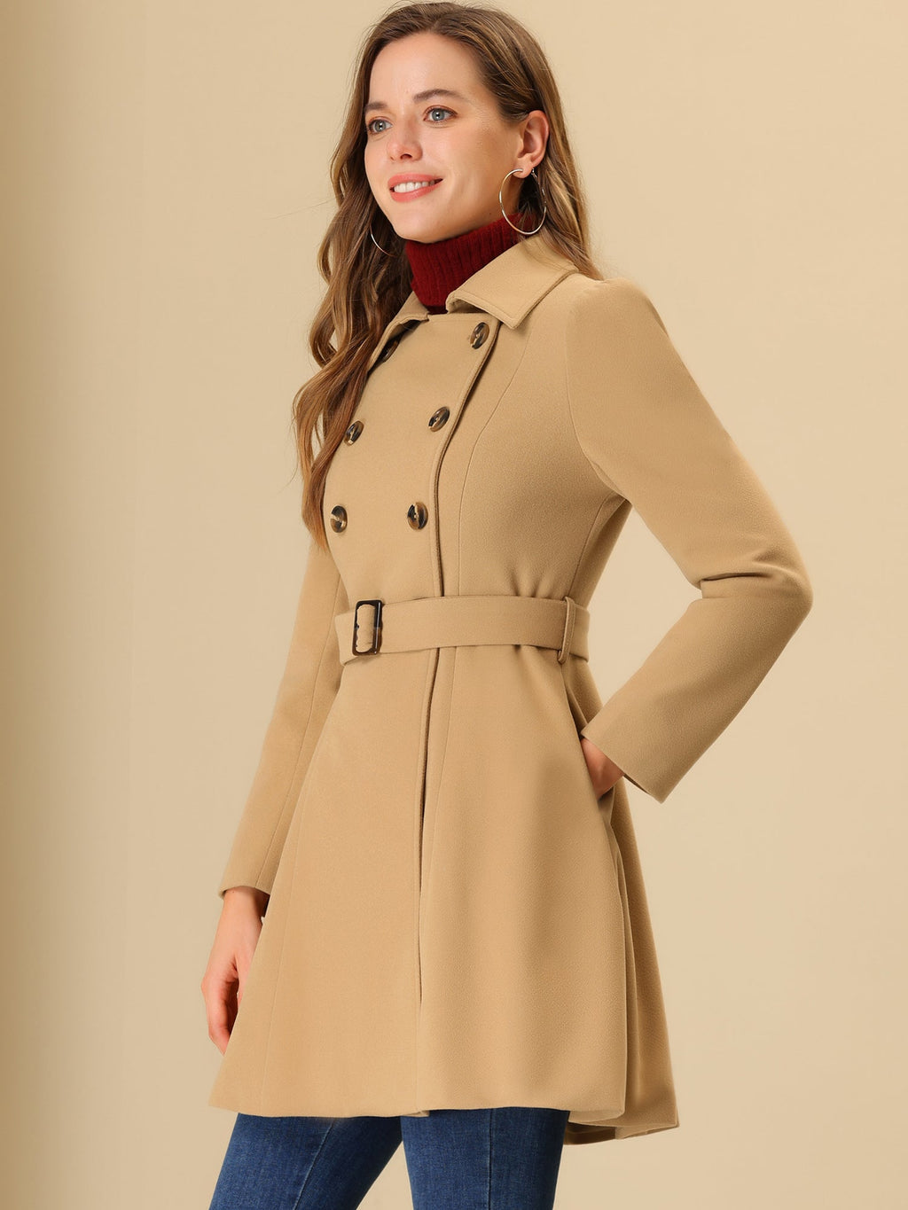 Women’s Long Trench Coat | Double-Breasted Pockets