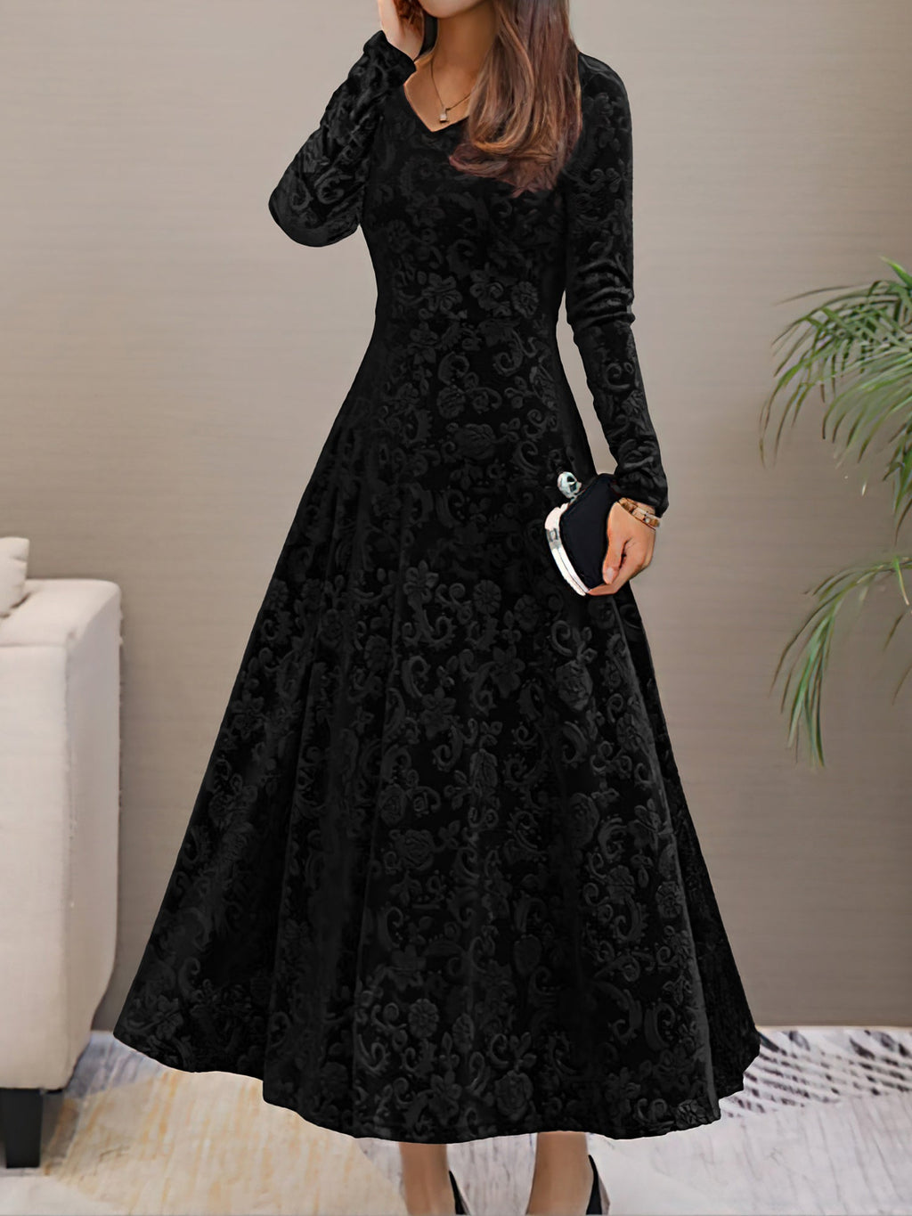 Women’s Formal Maxi Dress | Long Sleeve V-Neck