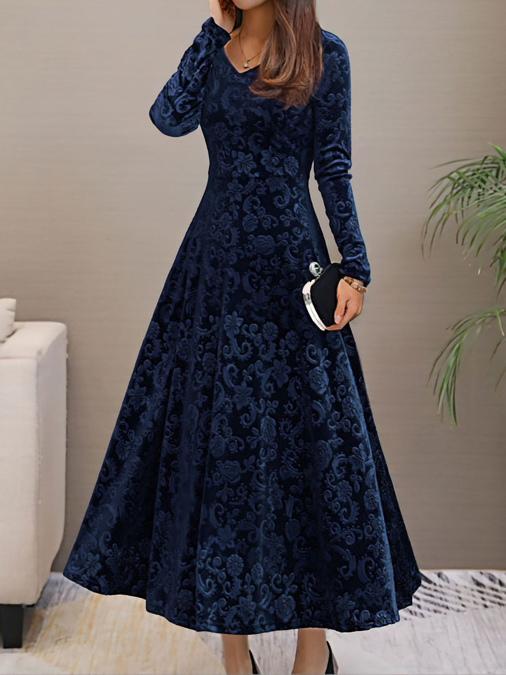 Women’s Formal Maxi Dress | Long Sleeve V-Neck