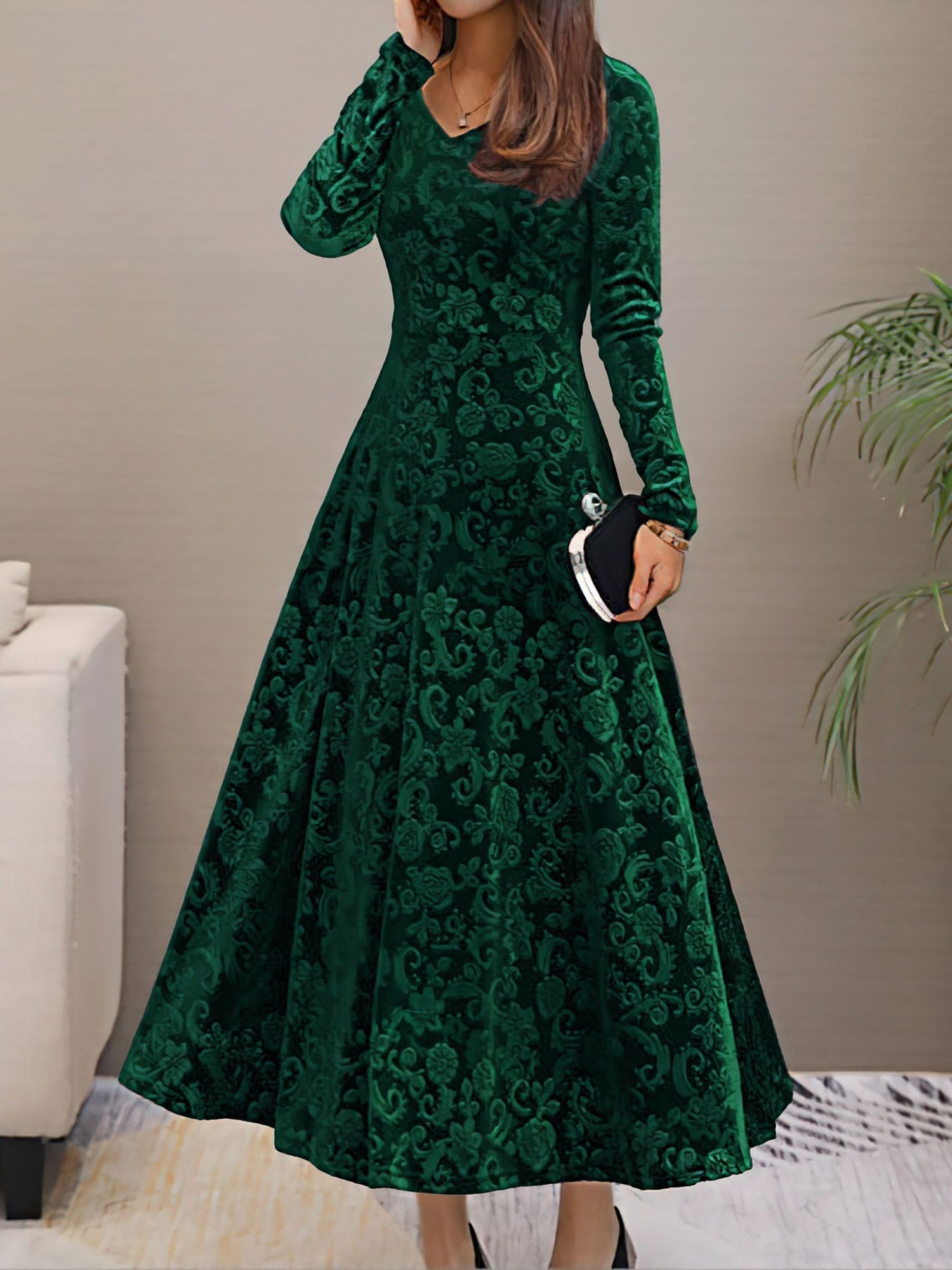 Women’s Formal Maxi Dress | Long Sleeve V-Neck