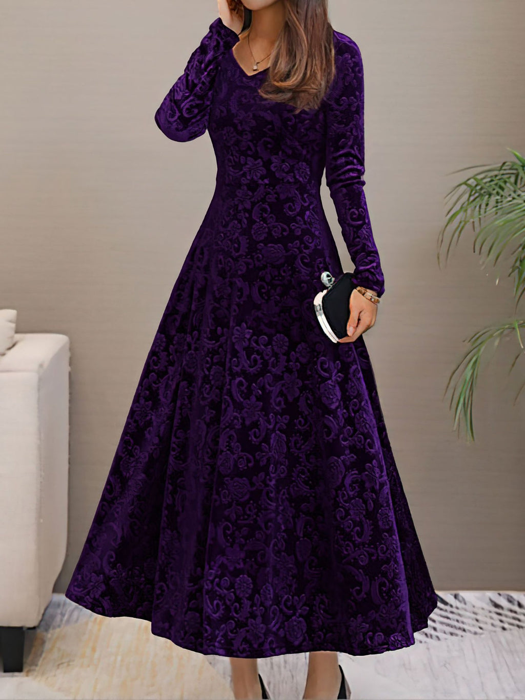 Women’s Formal Maxi Dress | Long Sleeve V-Neck