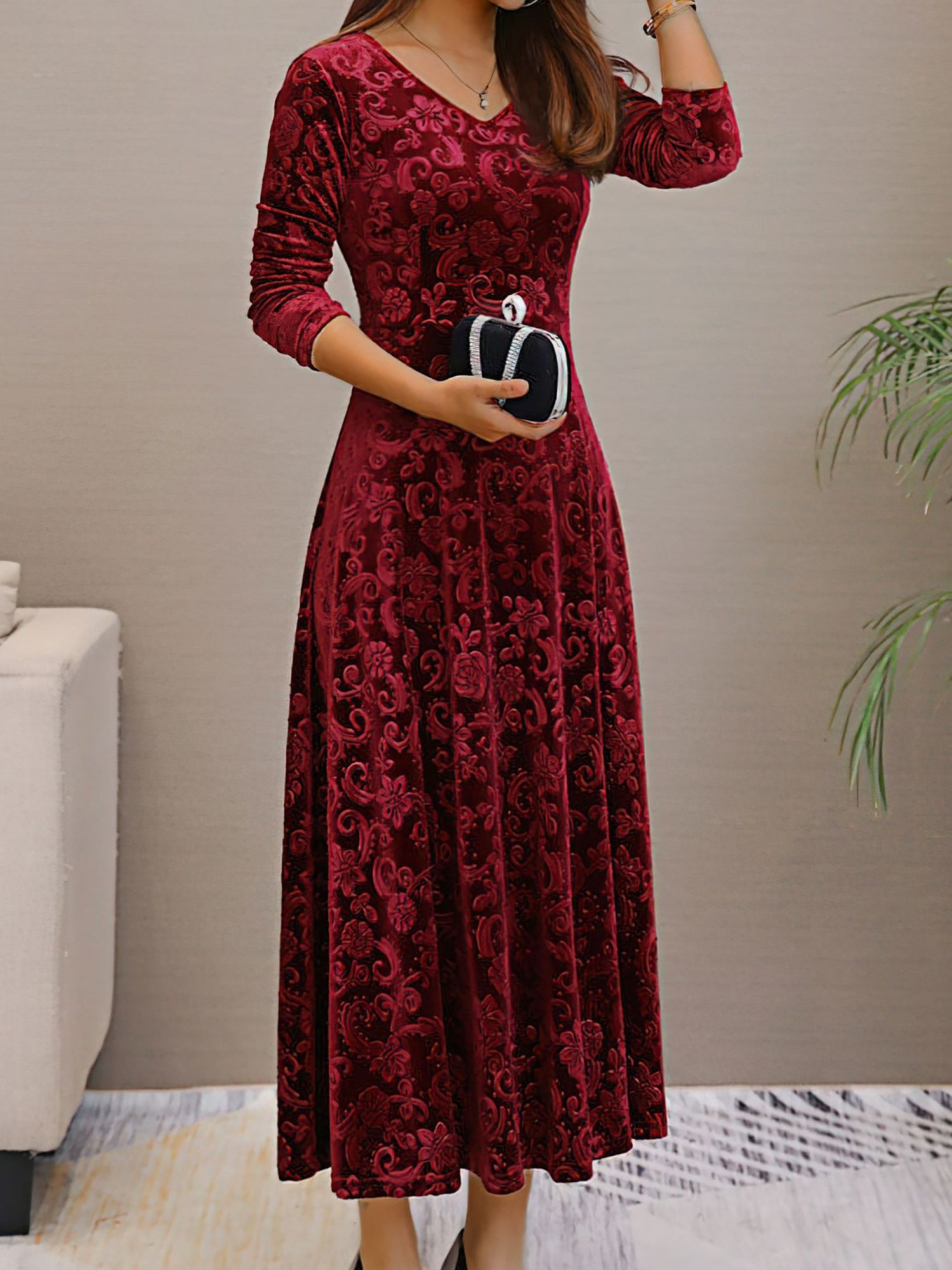 Women’s Formal Maxi Dress | Long Sleeve V-Neck