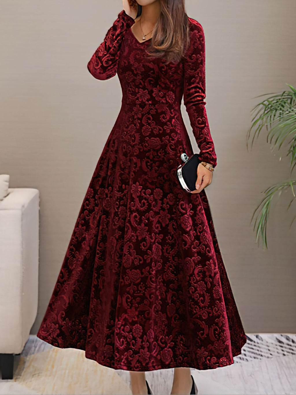 Women’s Formal Maxi Dress | Long Sleeve V-Neck