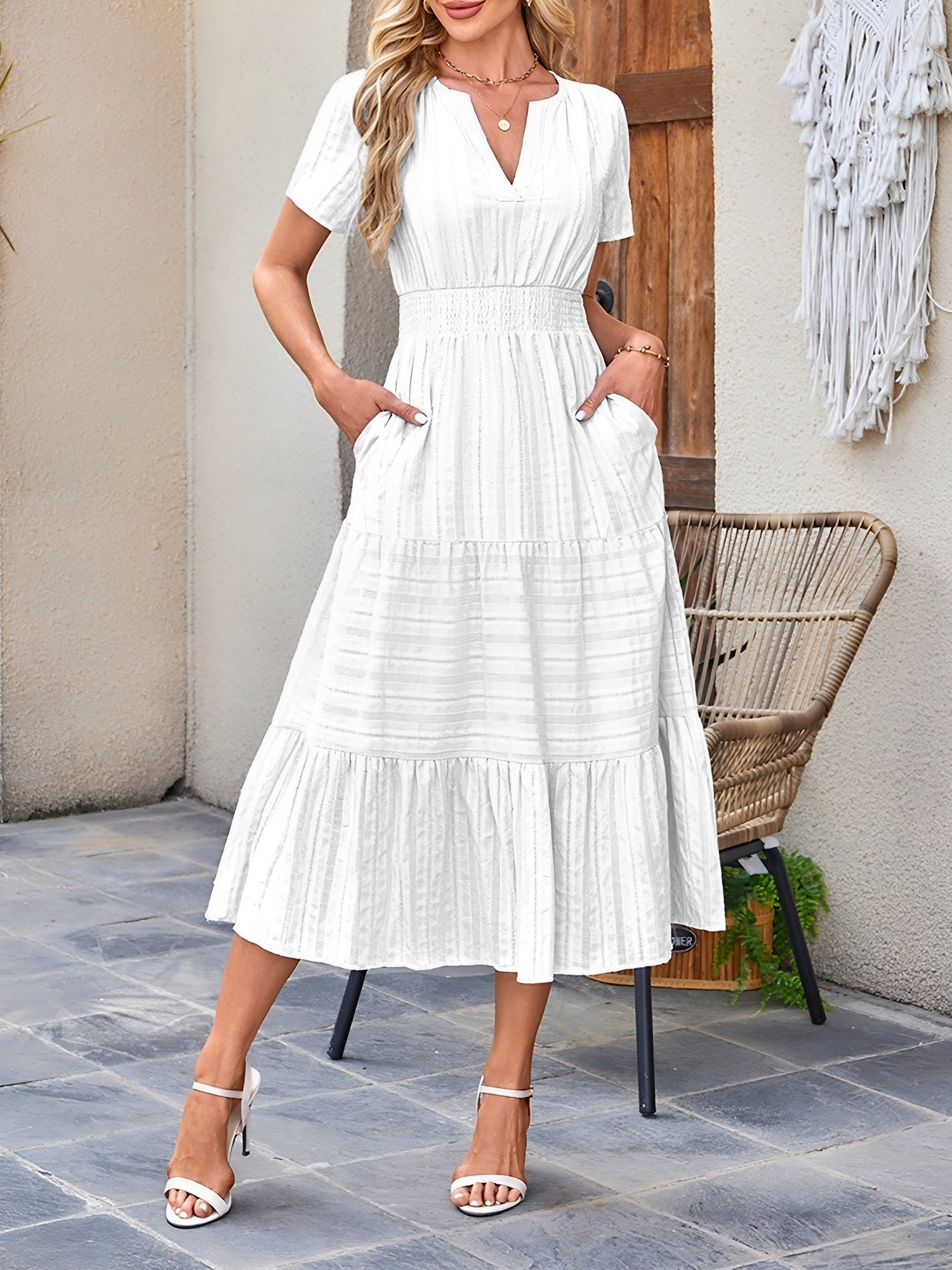 Women’s Casual Midi Dress | Short Sleeve V-Neck
