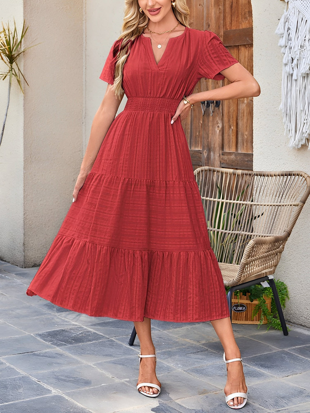 Women’s Casual Midi Dress | Short Sleeve V-Neck