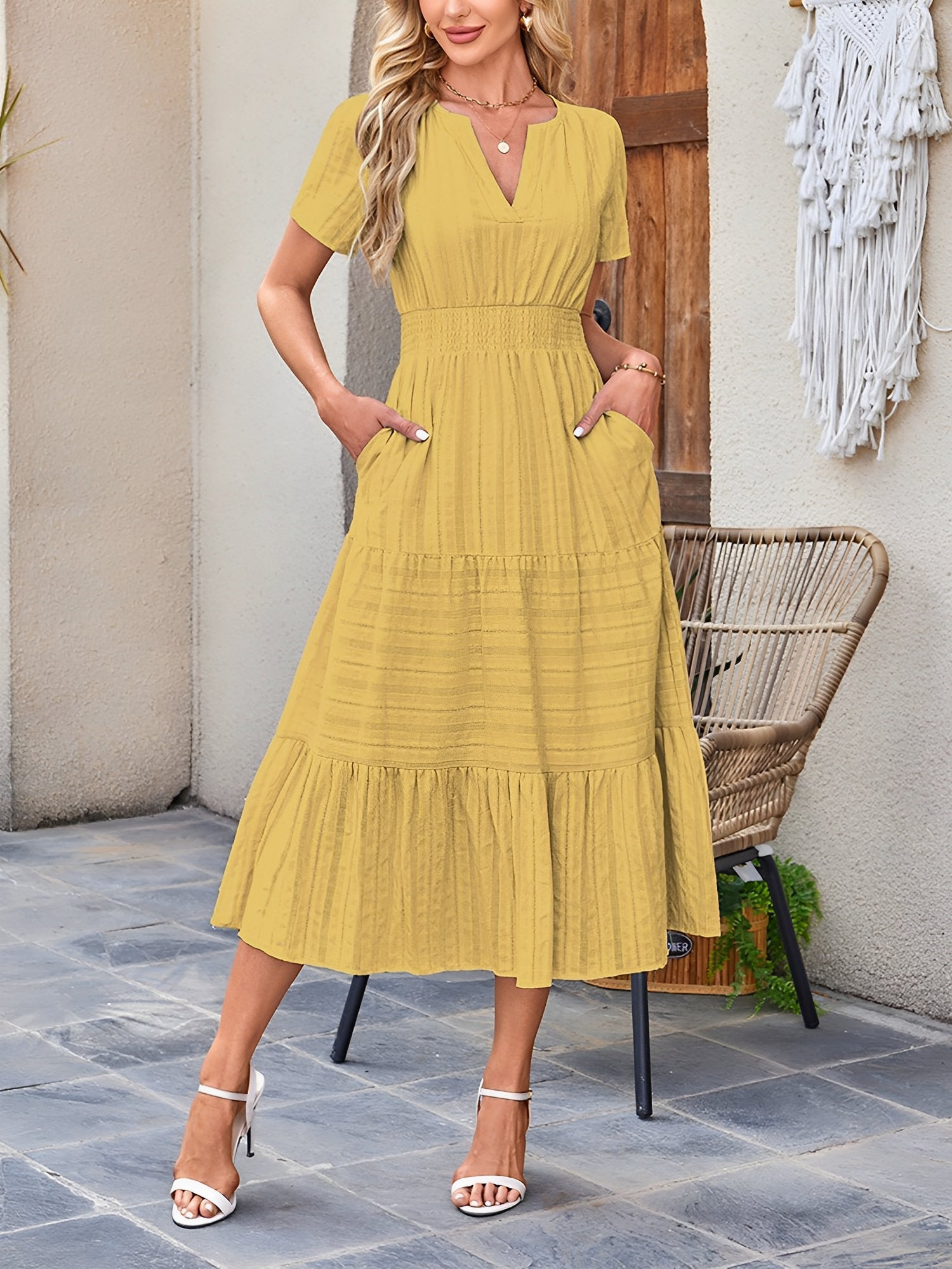 Women’s Casual Midi Dress | Short Sleeve V-Neck