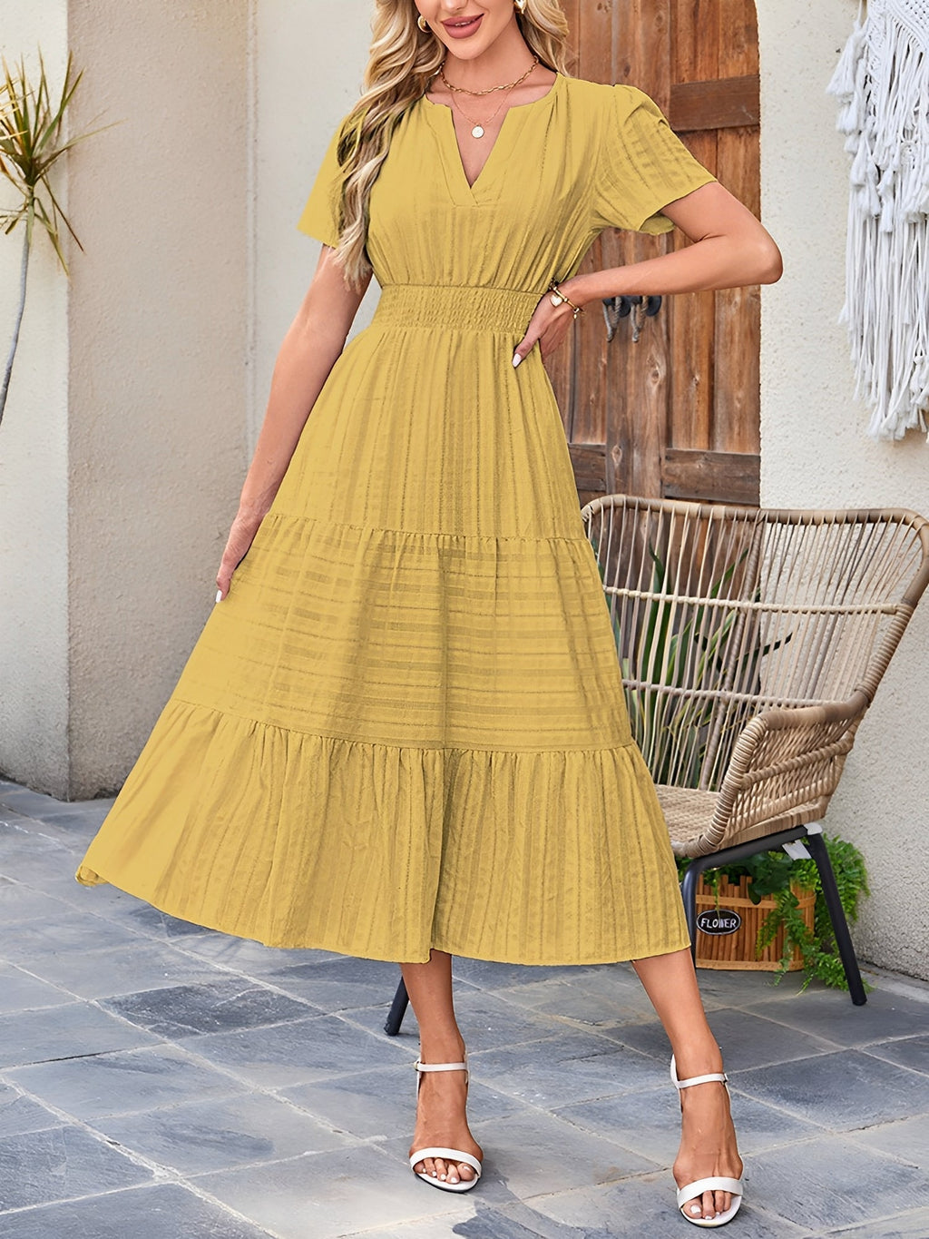 Women’s Casual Midi Dress | Short Sleeve V-Neck