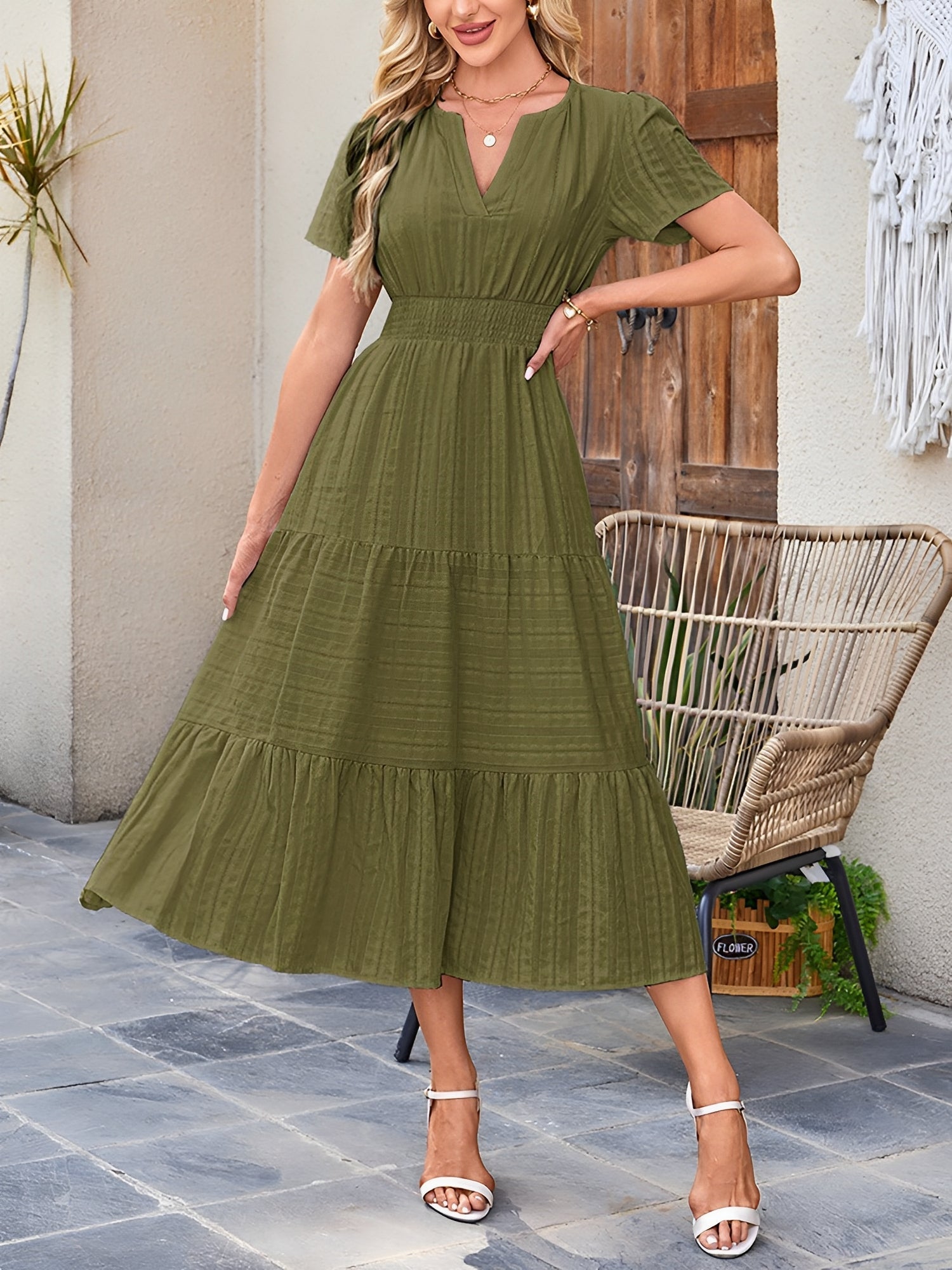 Women’s Casual Midi Dress | Short Sleeve V-Neck