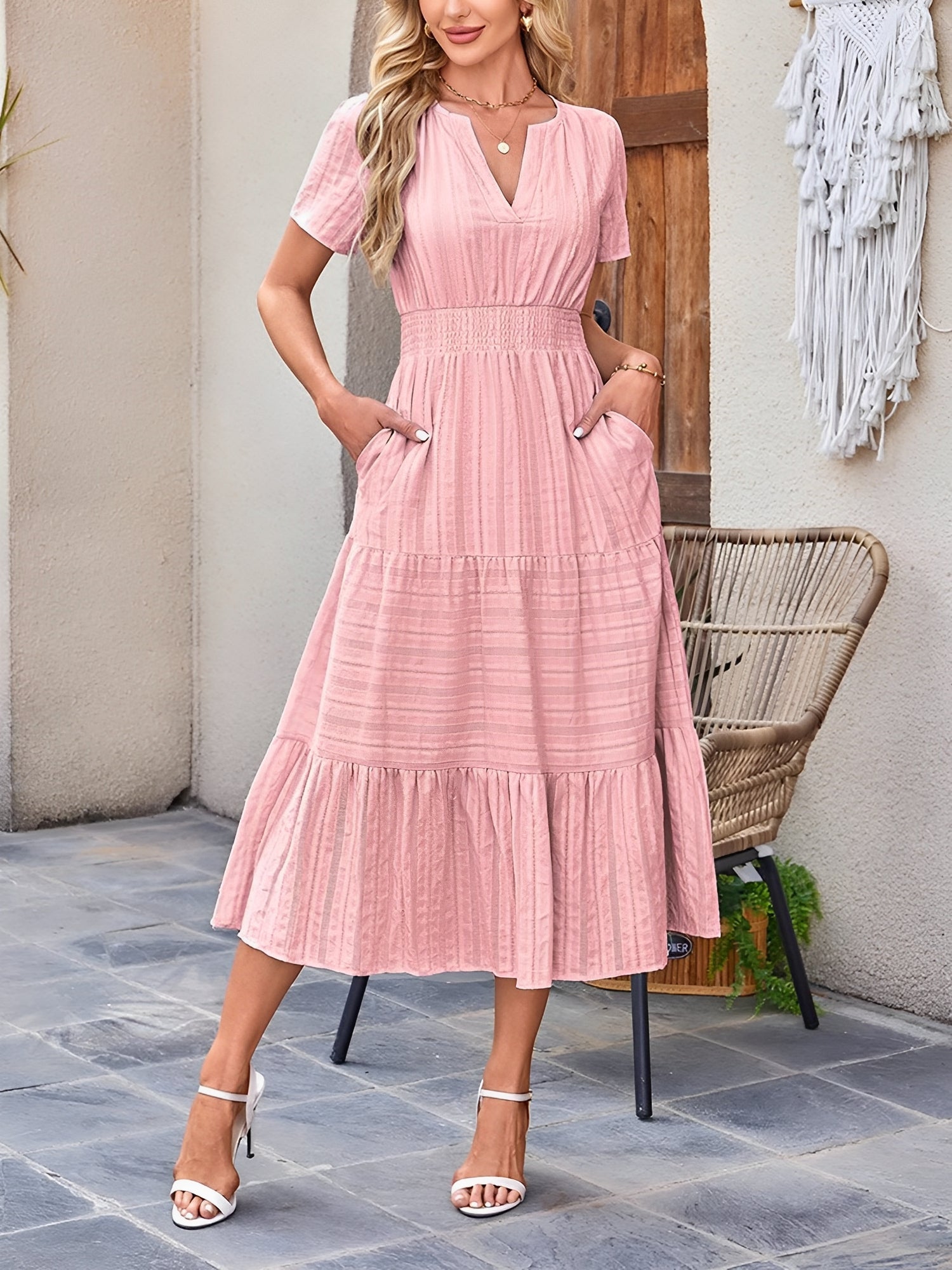 Women’s Casual Midi Dress | Short Sleeve V-Neck