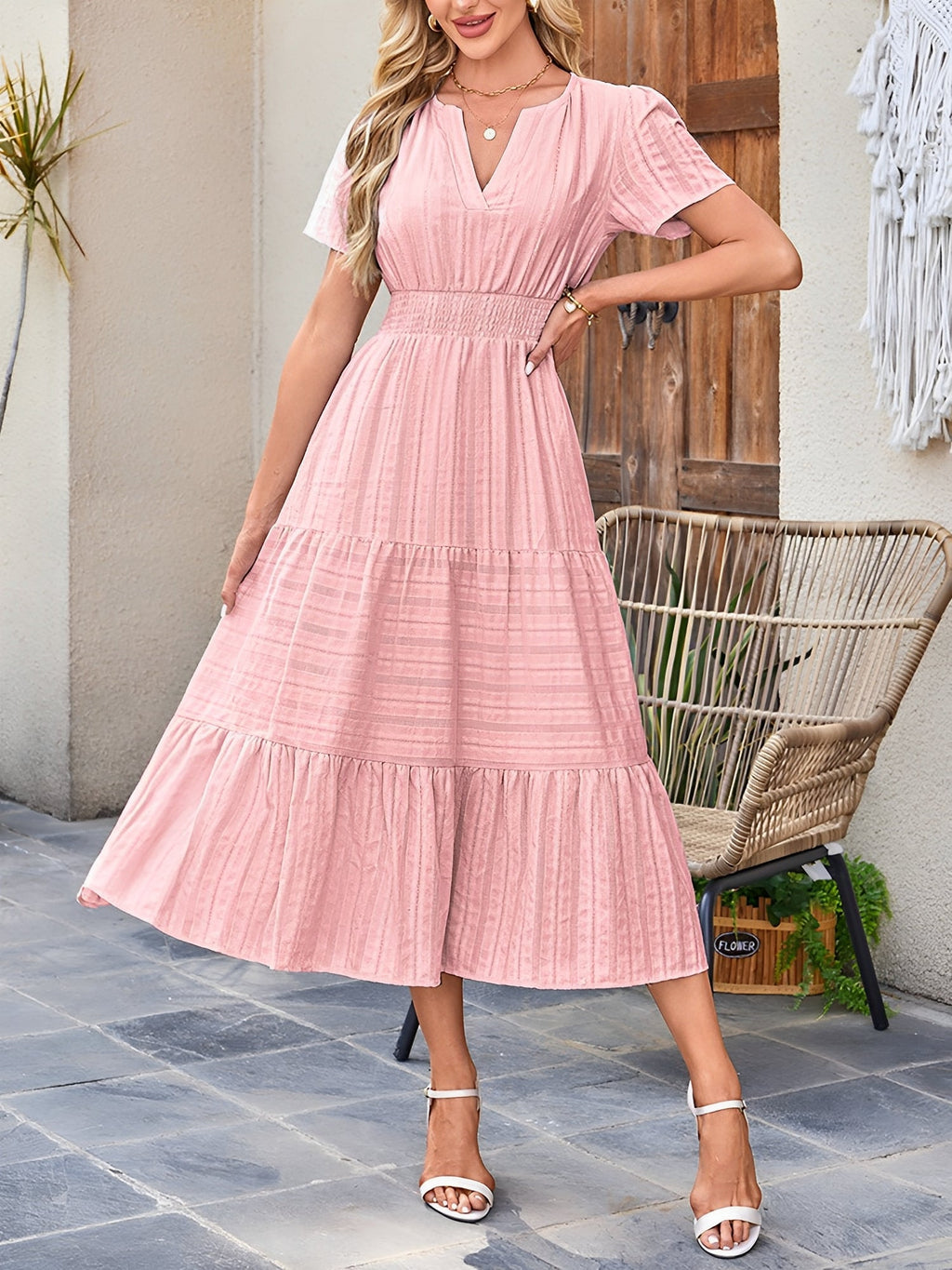 Women’s Casual Midi Dress | Short Sleeve V-Neck